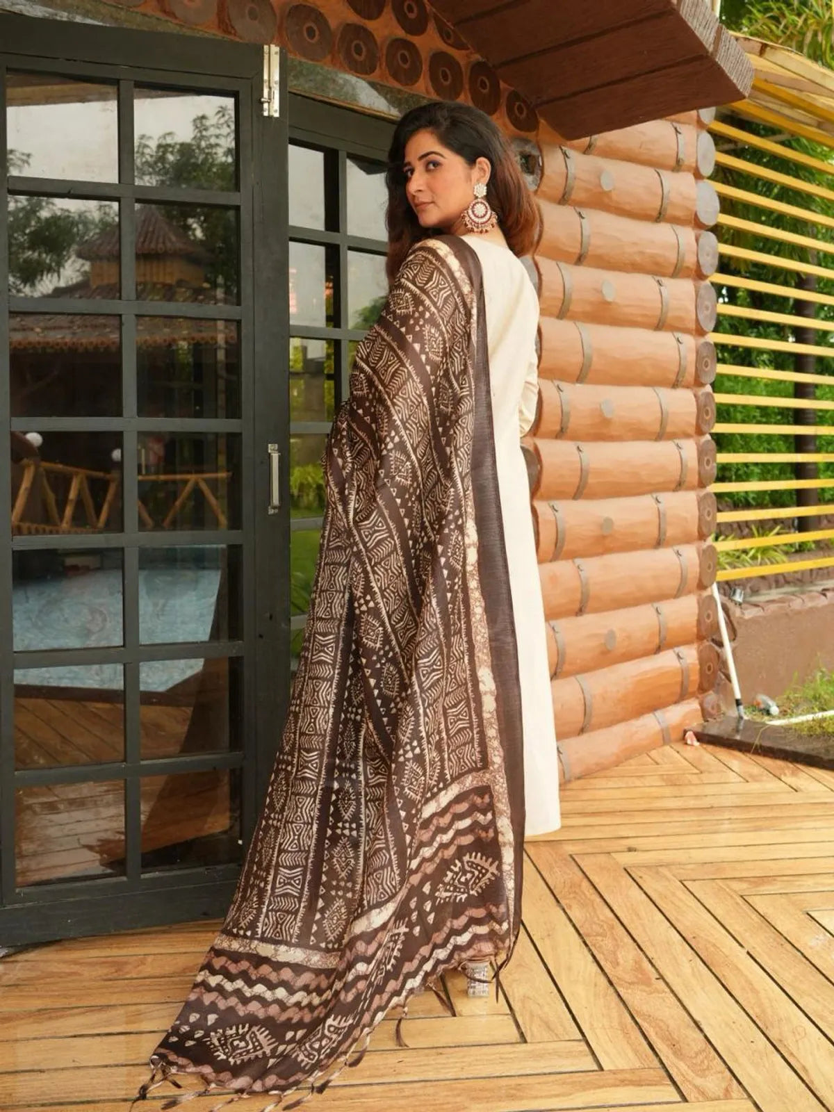 Ivory Brown Embroidered Cotton Kurta Pant Set with Dupatta