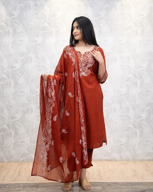 Cotton Embroidered Kurta With Pant & Dupatta Set