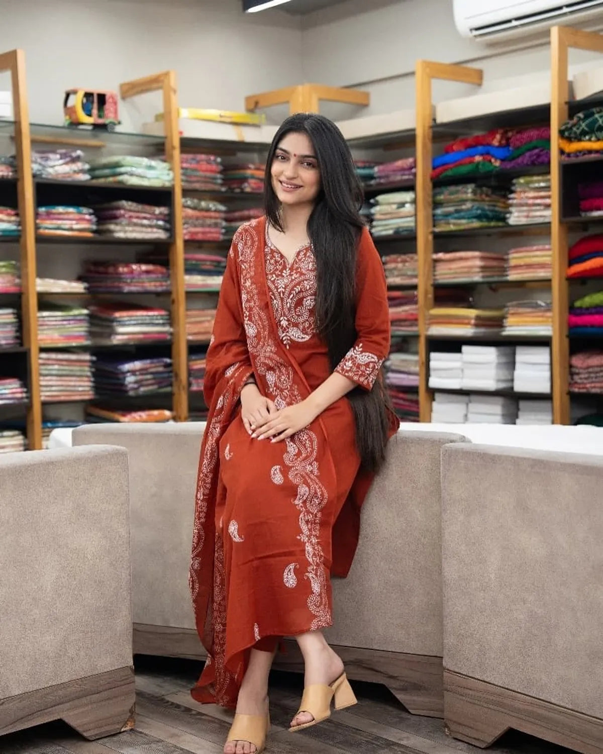 Cotton Embroidered Kurta With Pant & Dupatta Set