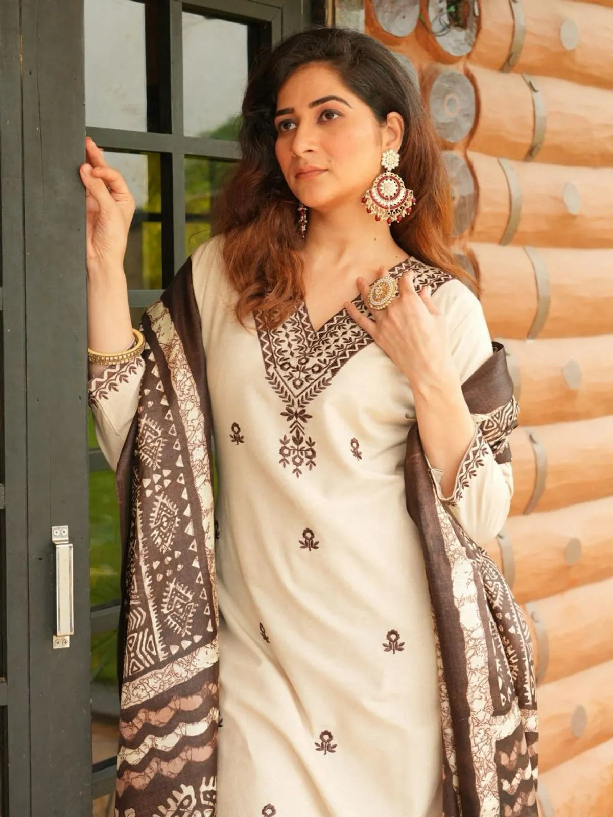 Ivory Brown Embroidered Cotton Kurta Pant Set with Dupatta