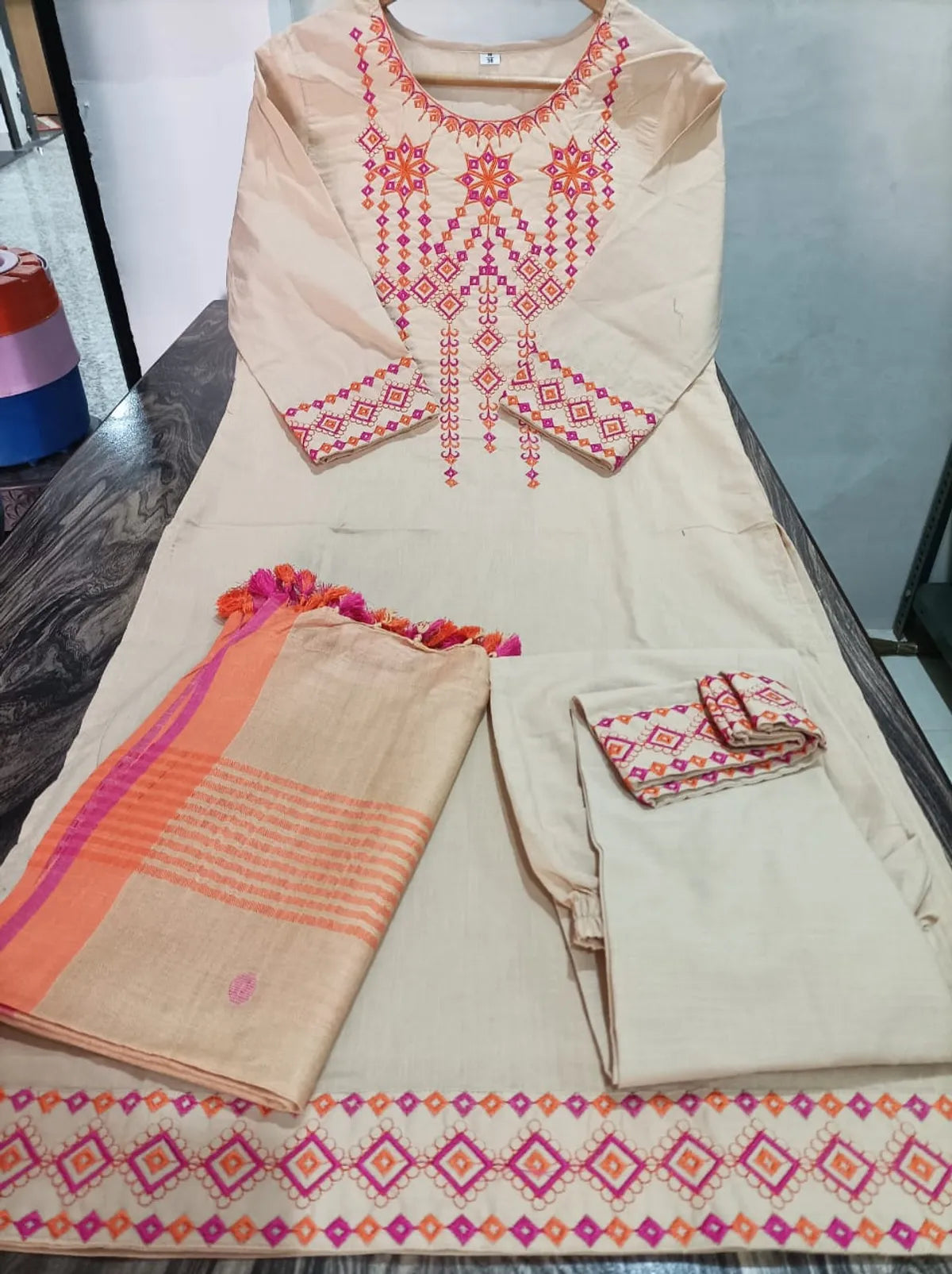 Cotton Embroidered Kurta With Pant & Linen Dupatta Set