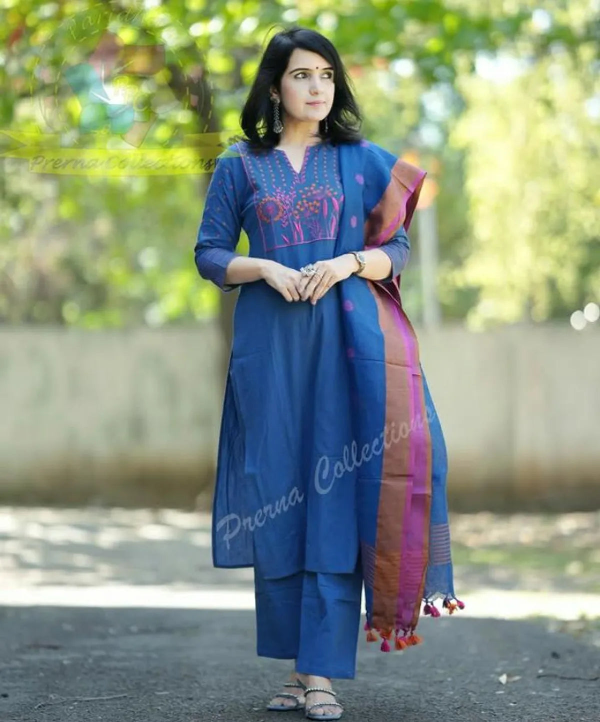 Cotton Embroidered Kurta With Pant & Linen Dupatta Set
