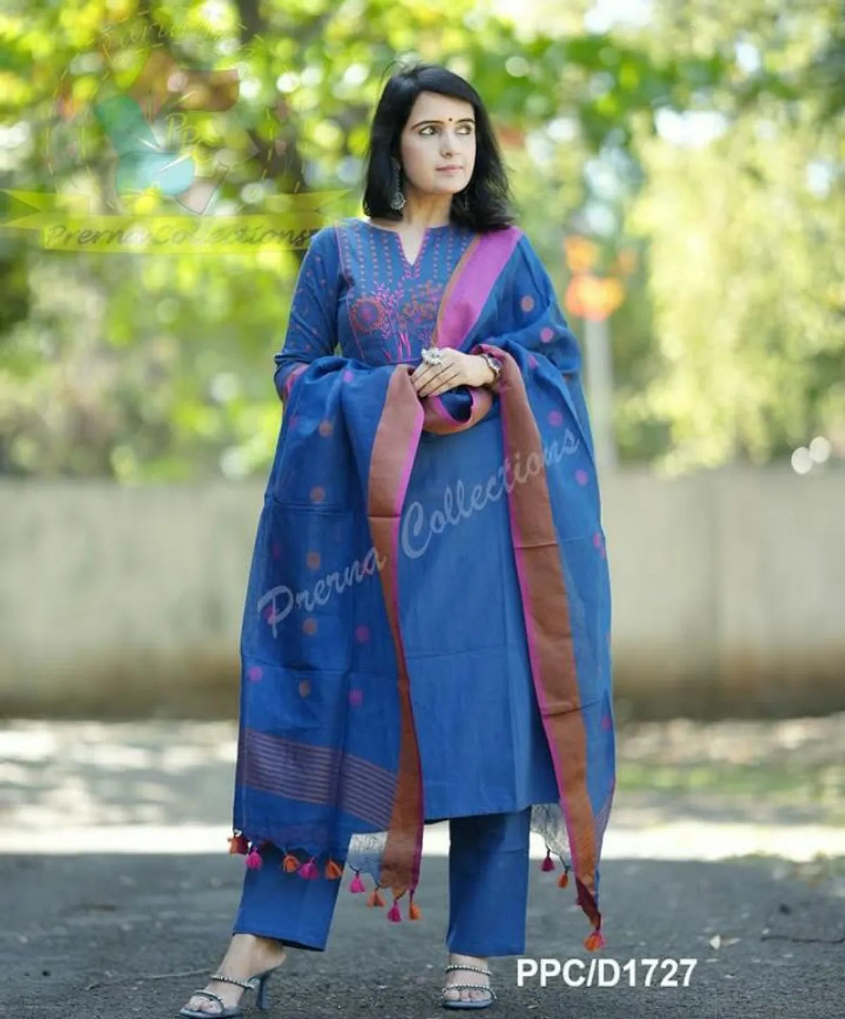 Cotton Embroidered Kurta With Pant & Linen Dupatta Set