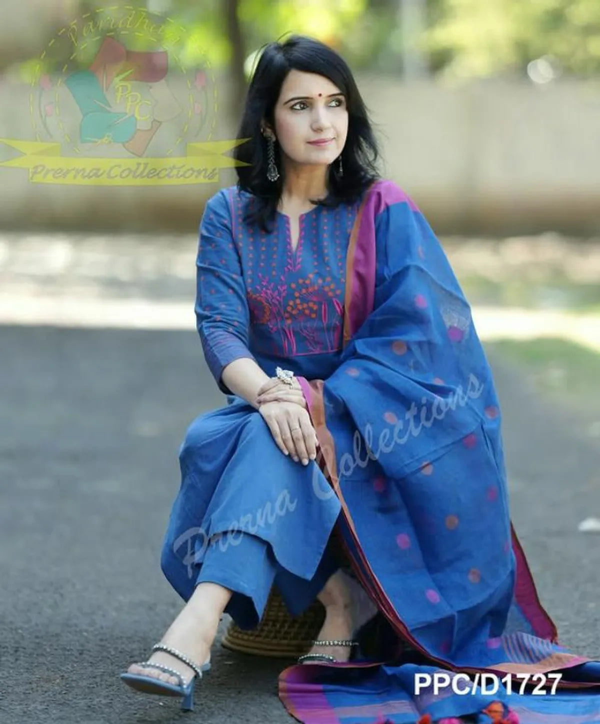 Cotton Embroidered Kurta With Pant & Linen Dupatta Set