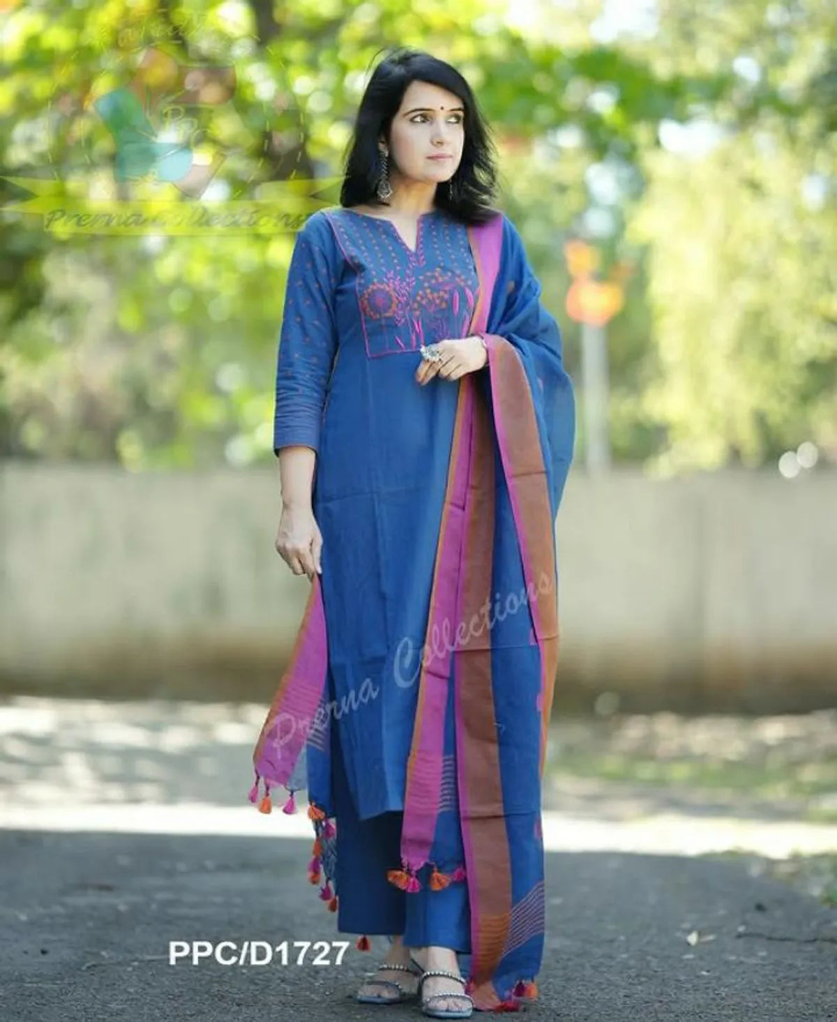 Cotton Embroidered Kurta With Pant & Linen Dupatta Set