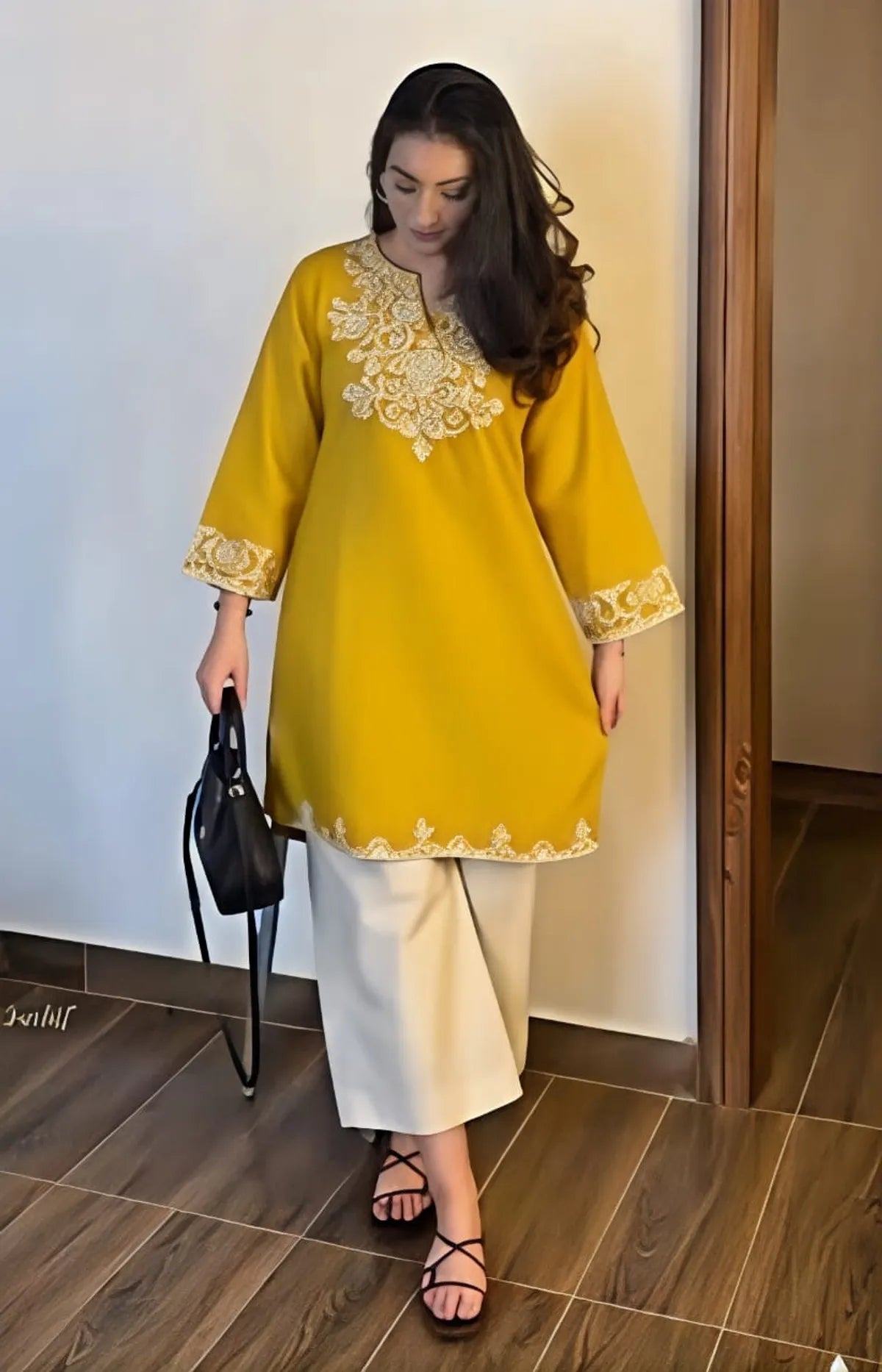 Mustard Yellow Embroidered Cotton Kurta Pant Set