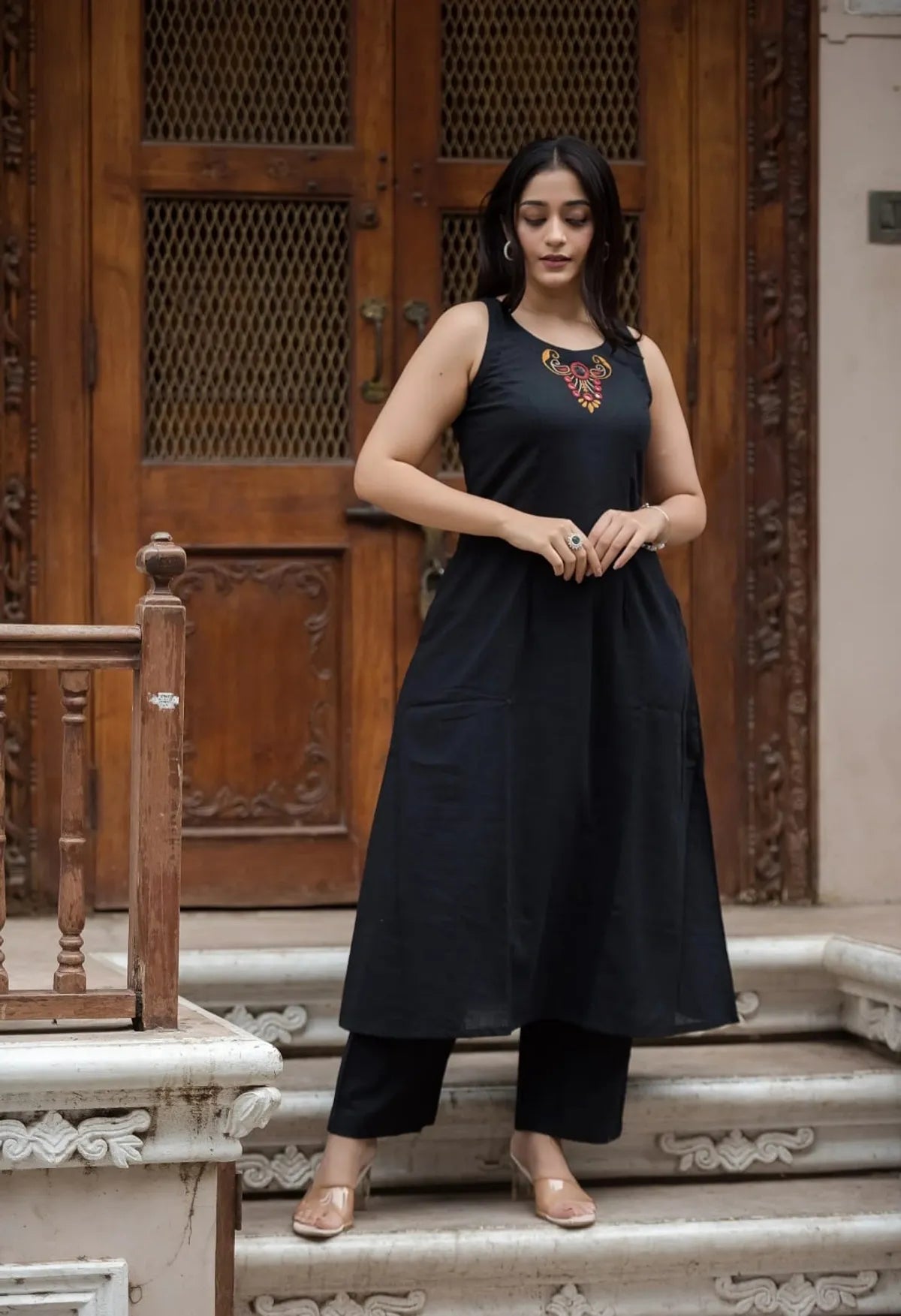 Cotton Embroidered Sleeveless Kurta & Pant Set