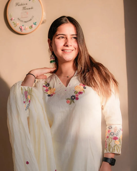 Cotton Embroidered With Inner Lining Kurta - Pant & Dupatta Set