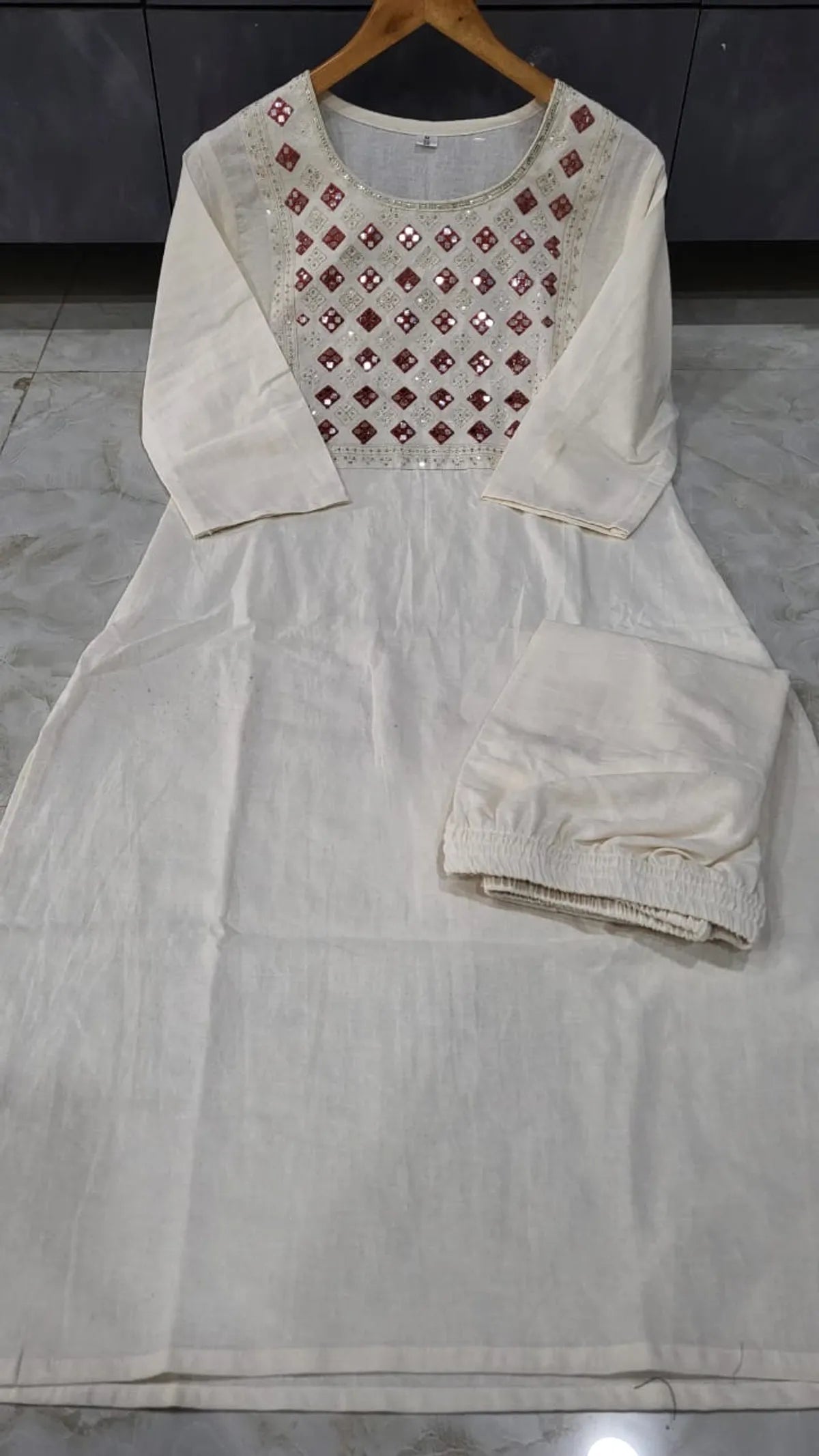 Off-White Cotton Embroidered Yoke Kurta & Pant Set