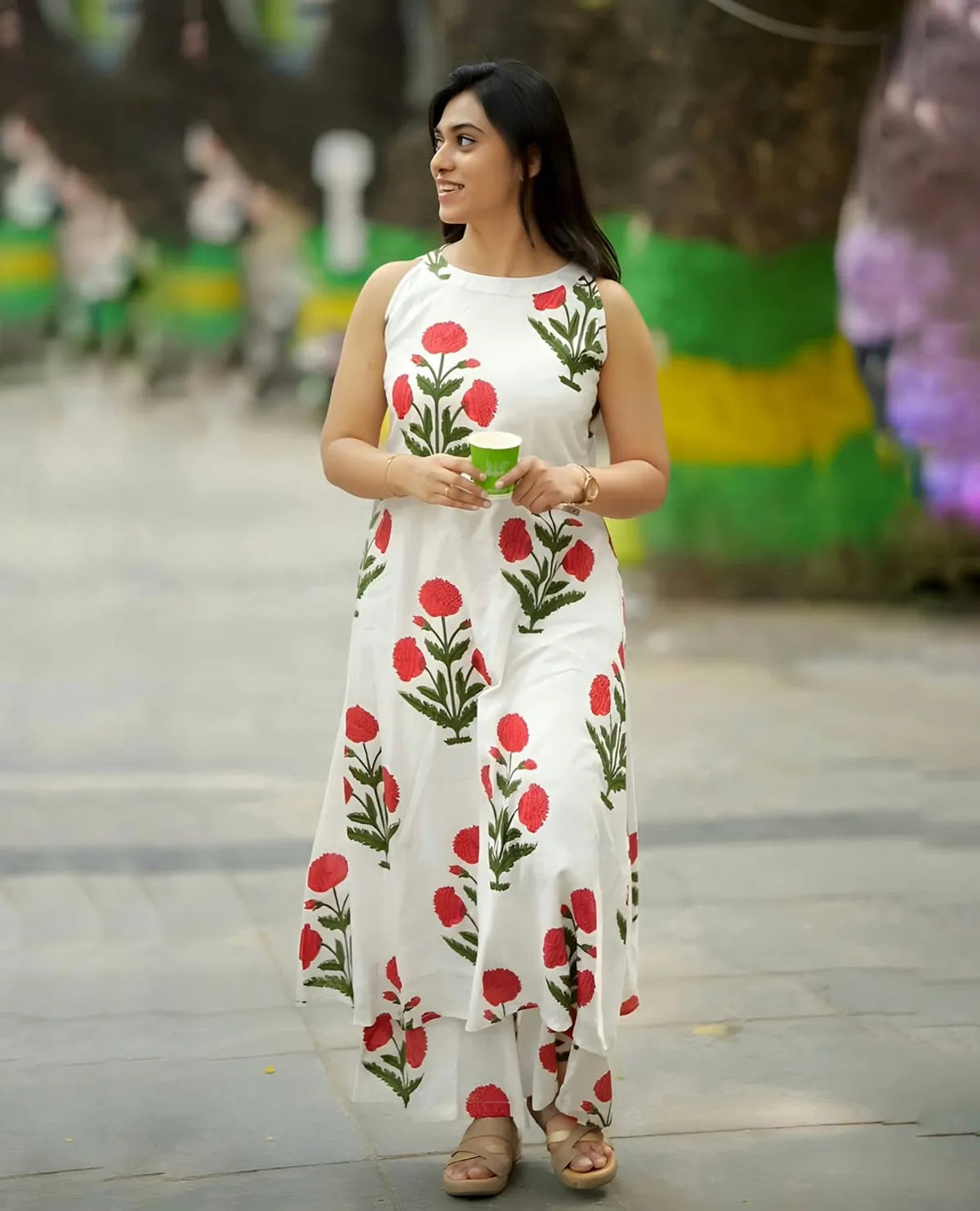 Cotton Floral Cut Sleeve Kurta & Pant Set.