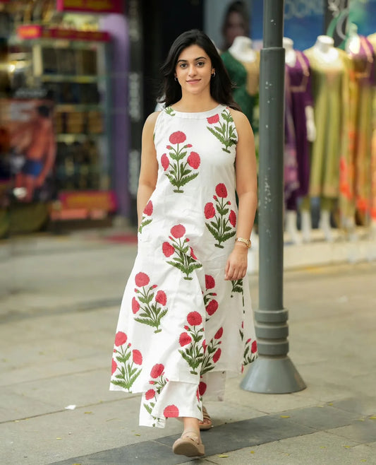 Cotton Floral Cut Sleeve Kurta & Pant Set.