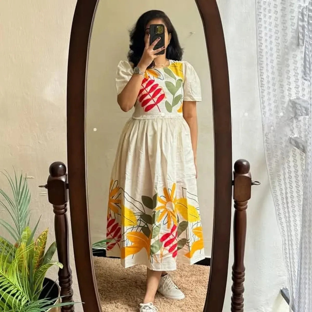 White Floral Printed Cotton Midi Dress
