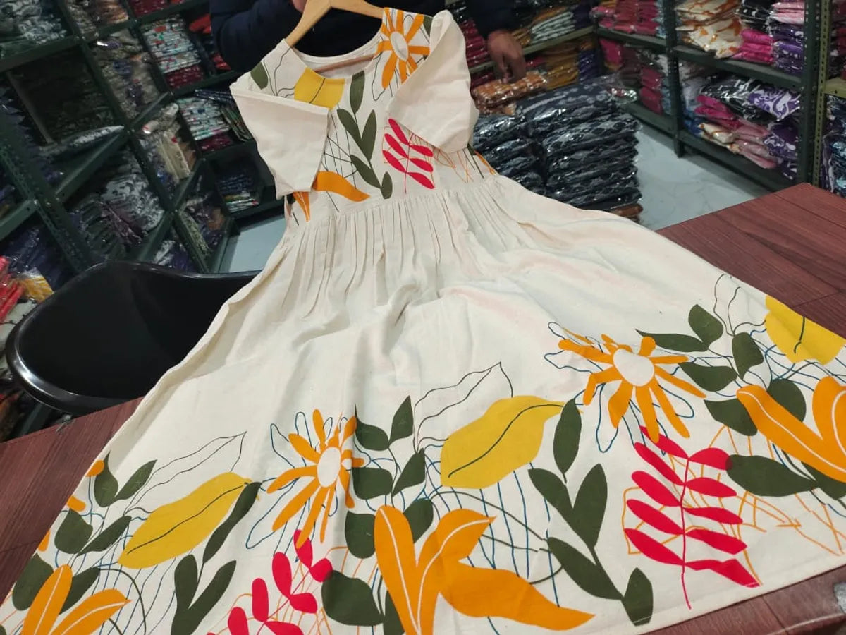 White Floral Printed Cotton Midi Dress
