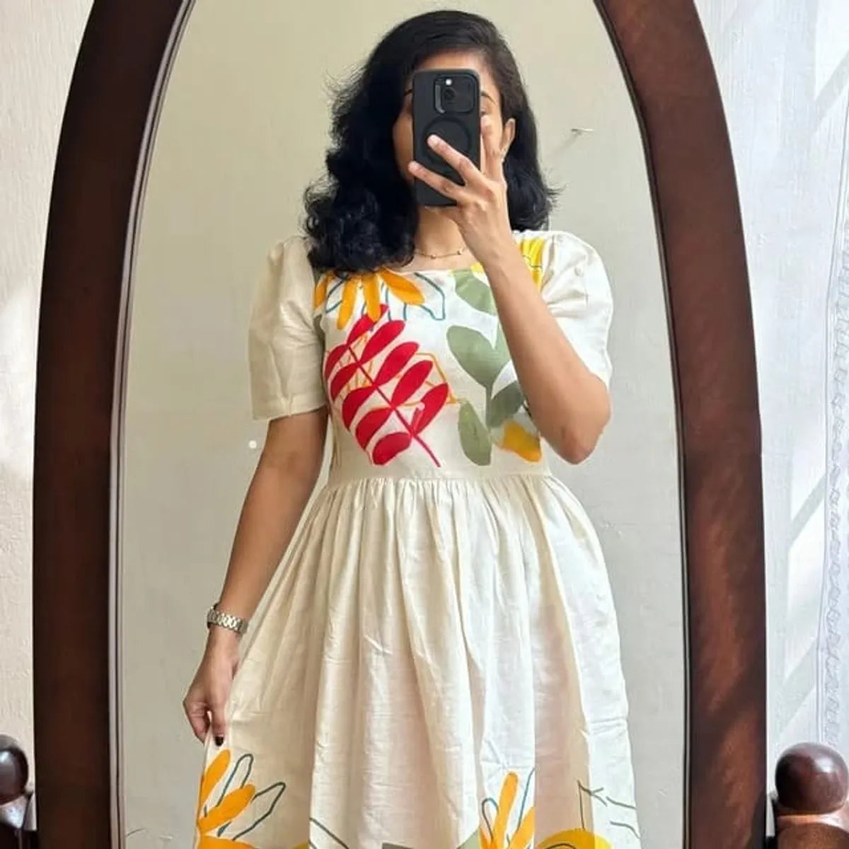 White Floral Printed Cotton Midi Dress