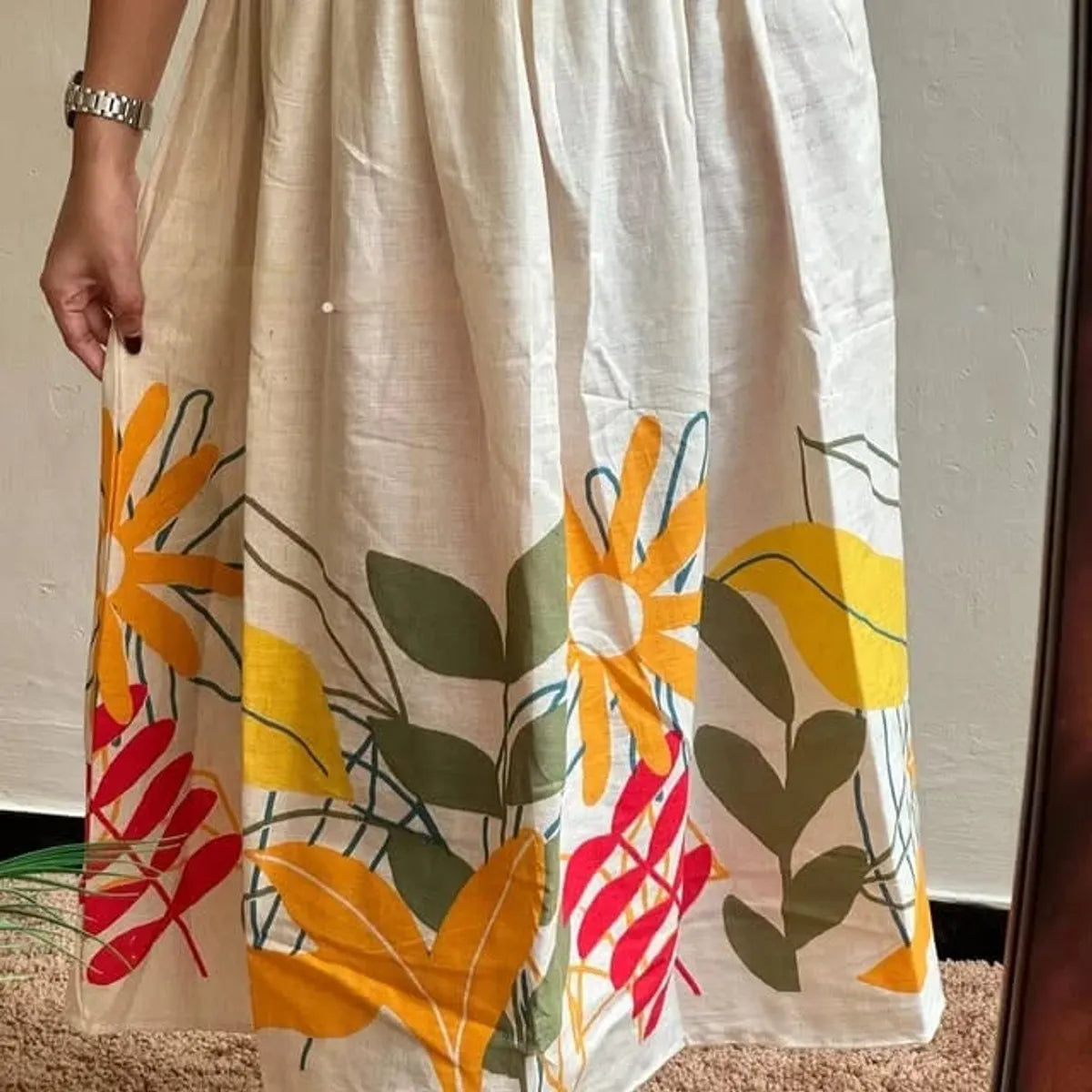 White Floral Printed Cotton Midi Dress