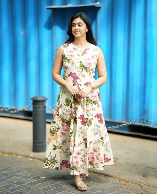 Cotton Floral Top With Inner Lining & Skirt