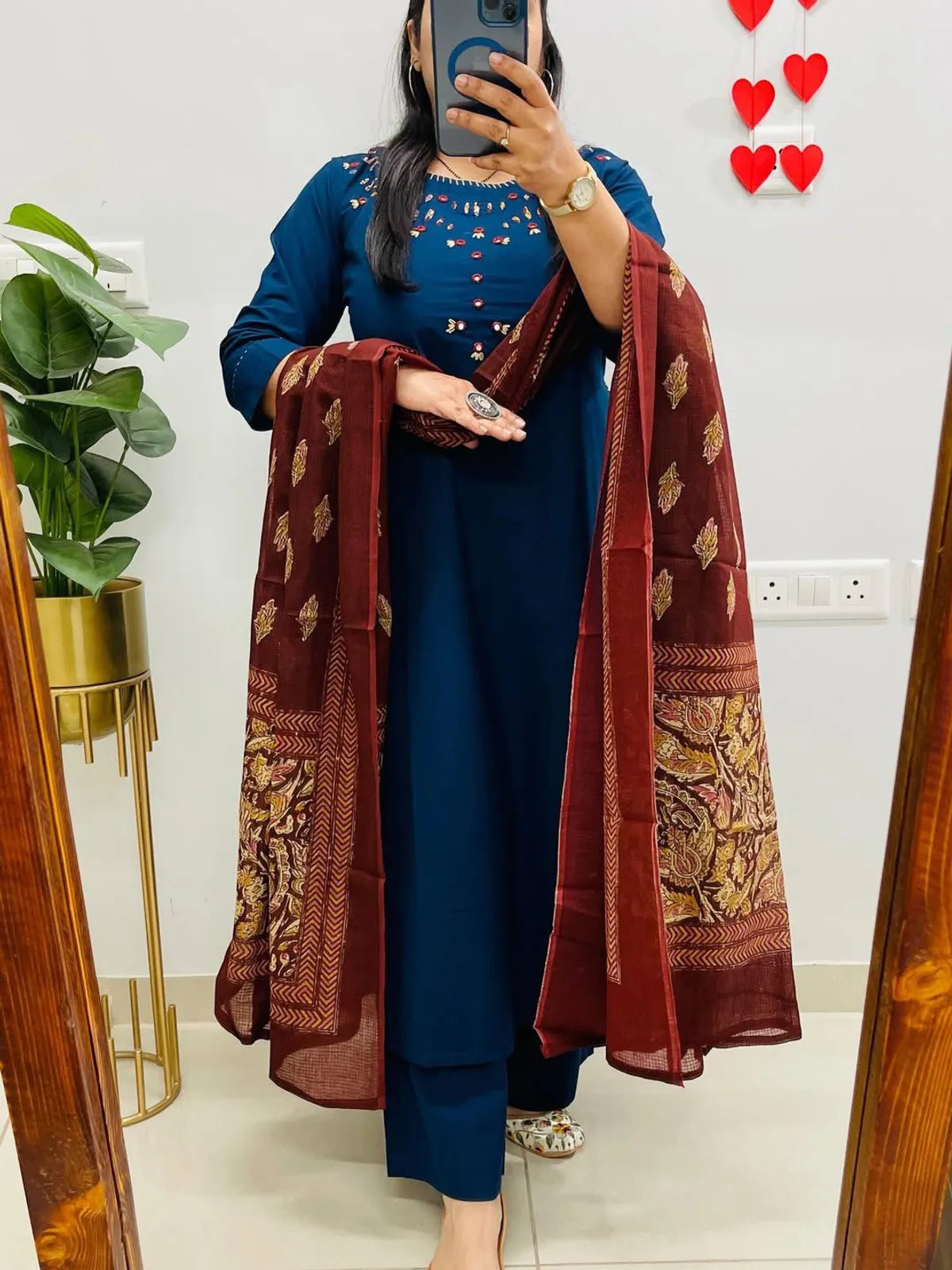 Cotton Hand Work Kurta With Pant & Dupatta Set