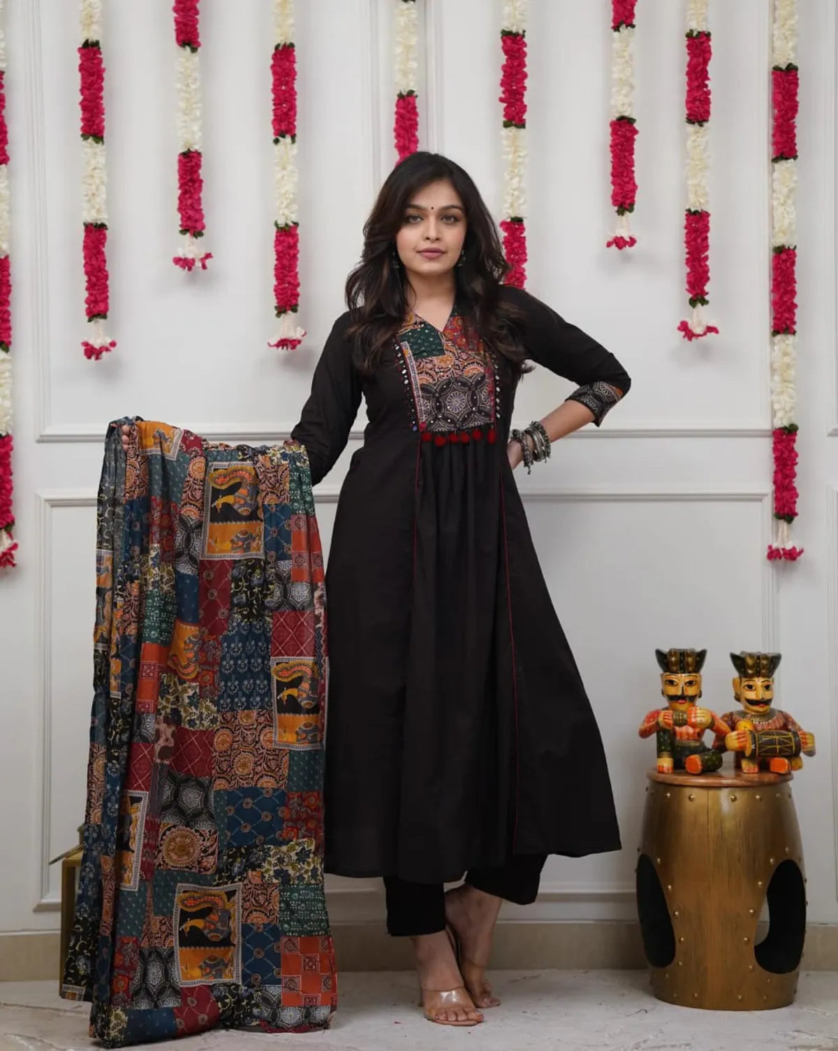 Black Patchwork Printed Cotton Kurta Pant Set with Dupatta