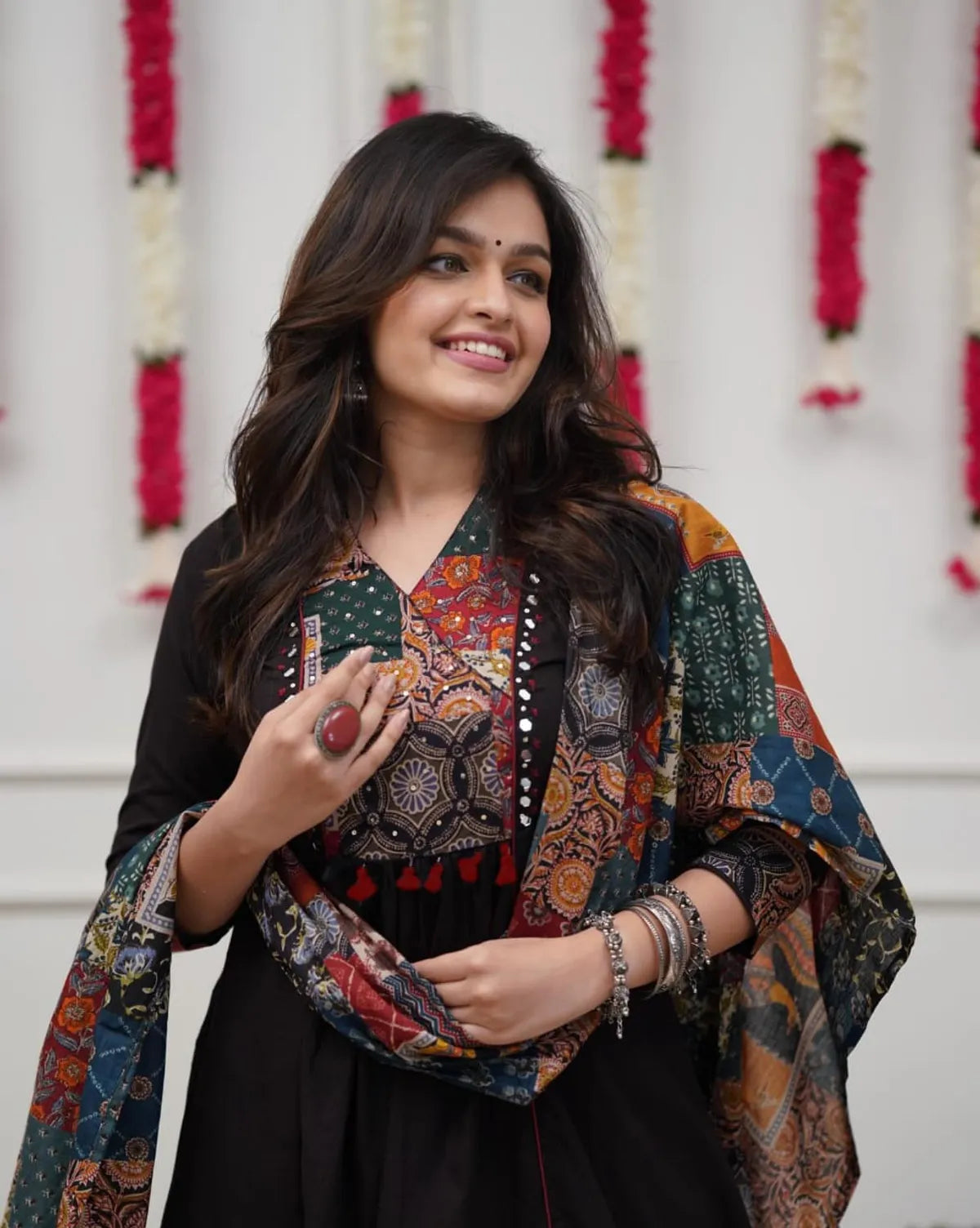 Black Patchwork Printed Cotton Kurta Pant Set with Dupatta