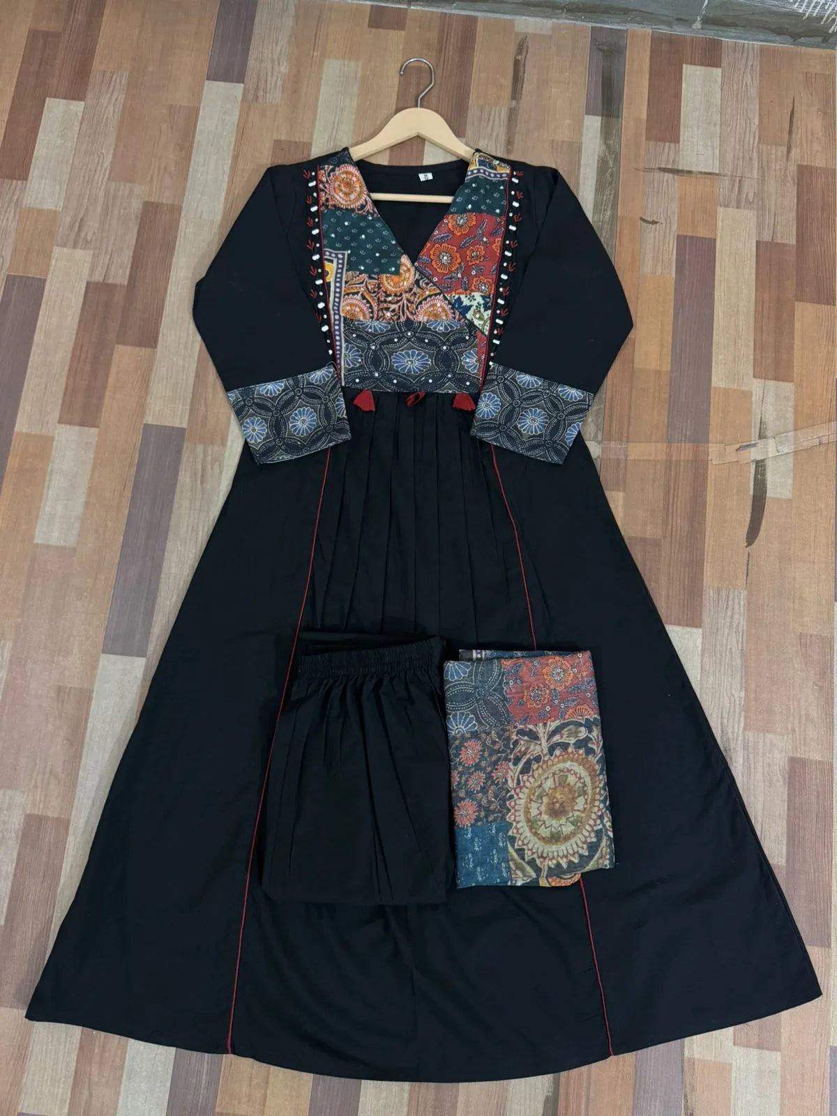 Black Patchwork Printed Cotton Kurta Pant Set with Dupatta