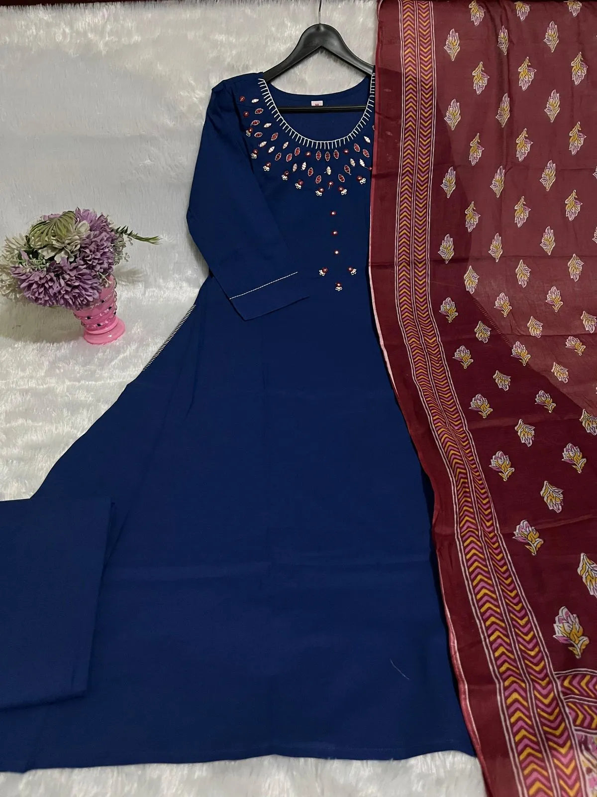 Cotton Hand Work Kurta With Pant & Dupatta Set