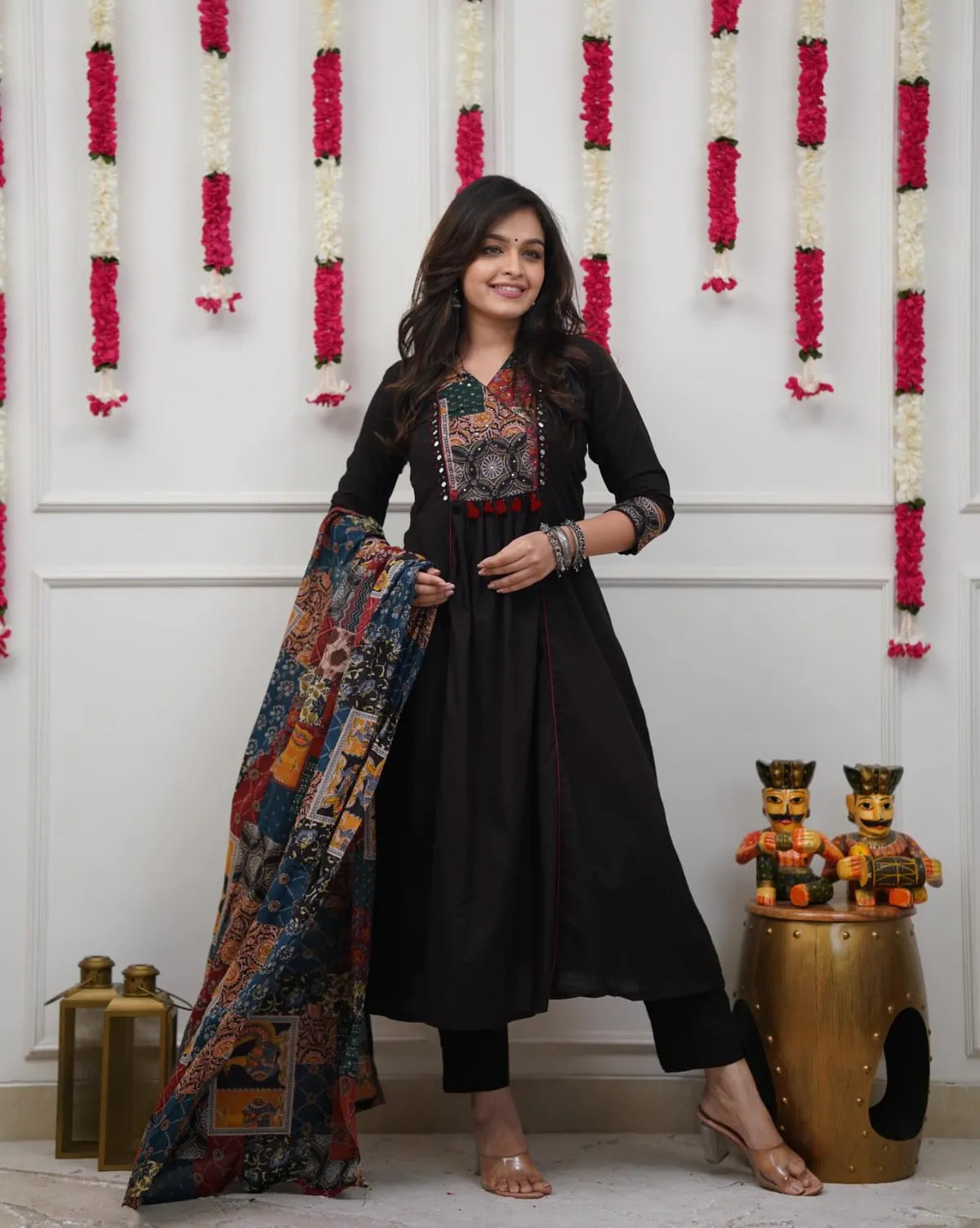 Black Patchwork Printed Cotton Kurta Pant Set with Dupatta
