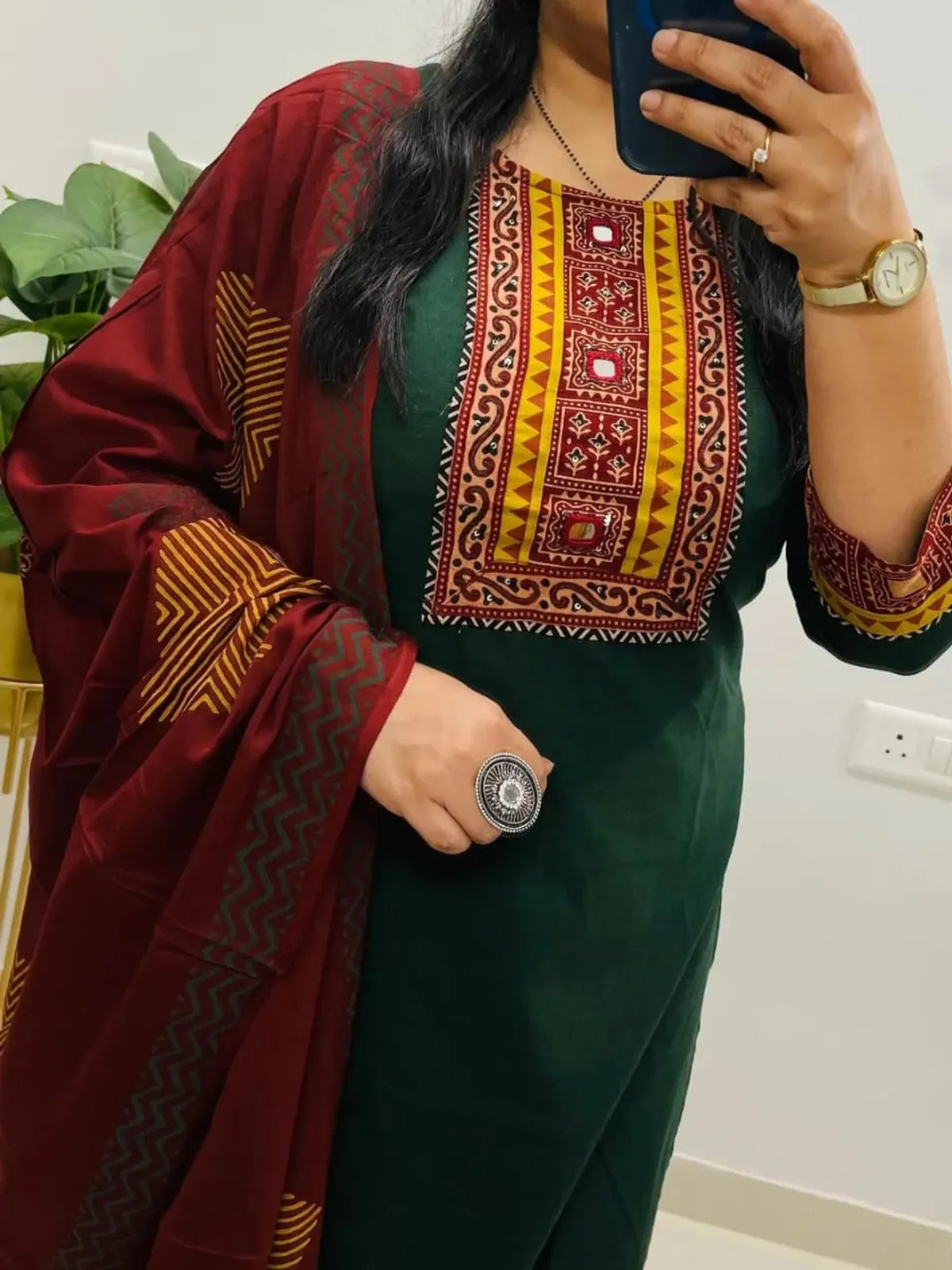 Bottle Green Embroidered Kurta Set with Maroon Printed Dupatta