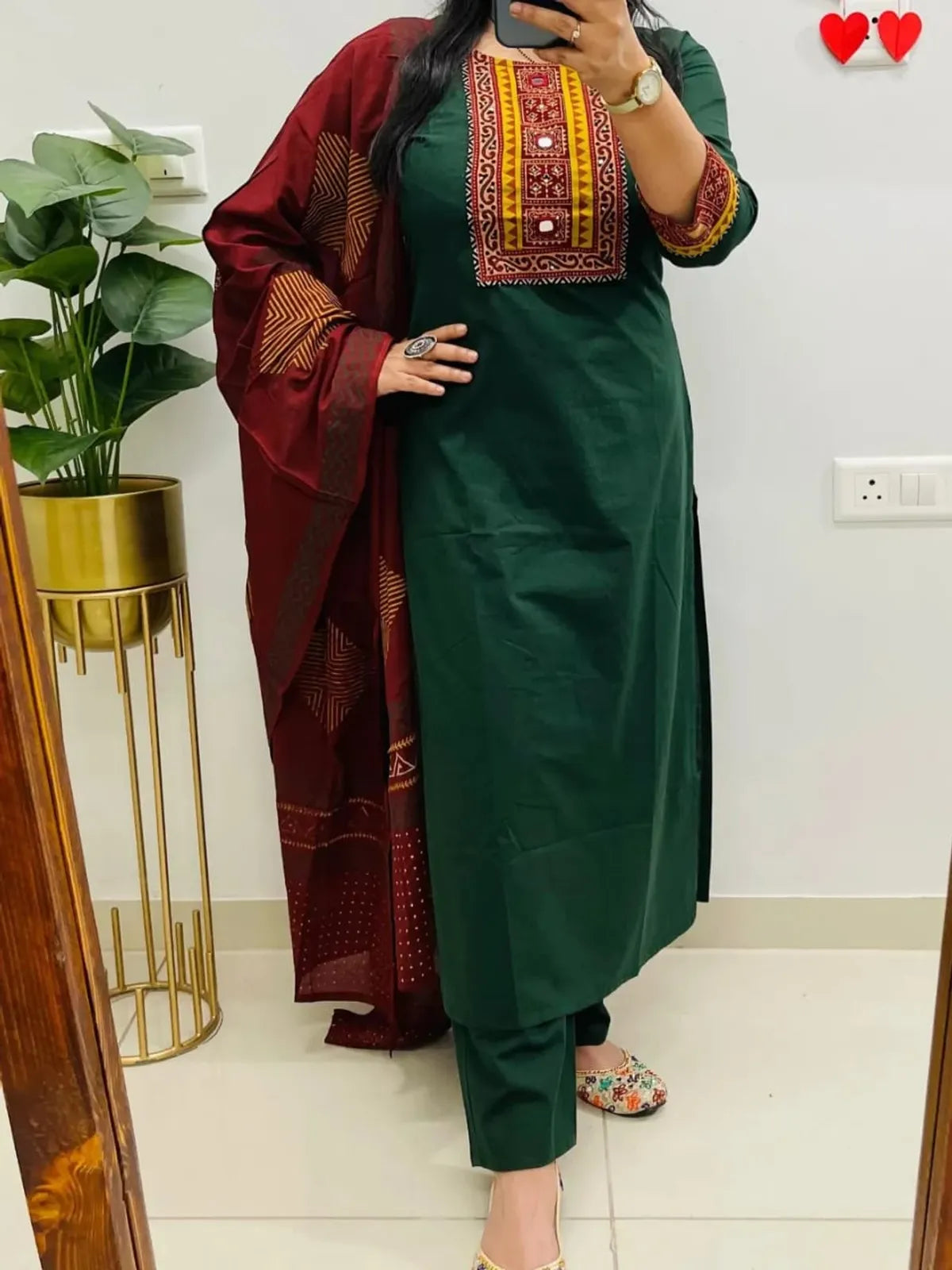 Bottle Green Embroidered Kurta Set with Maroon Printed Dupatta