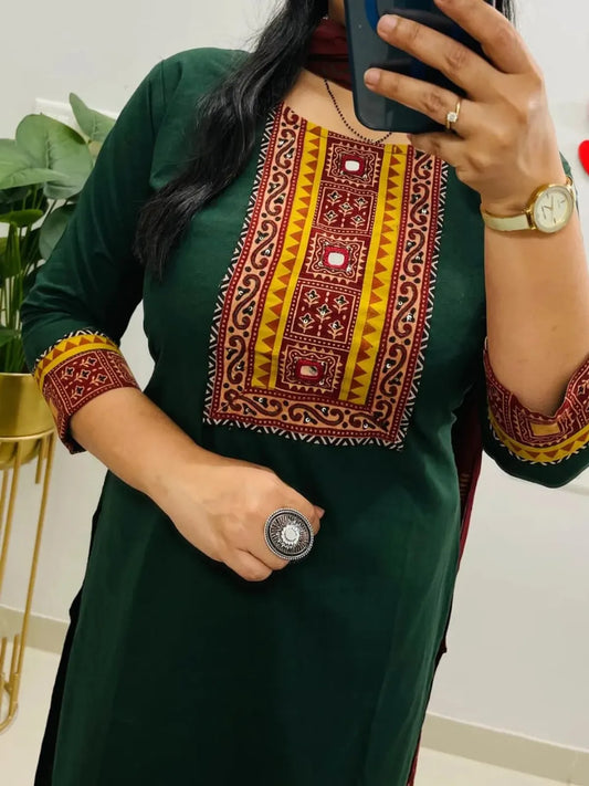 Bottle Green Embroidered Kurta Set with Maroon Printed Dupatta