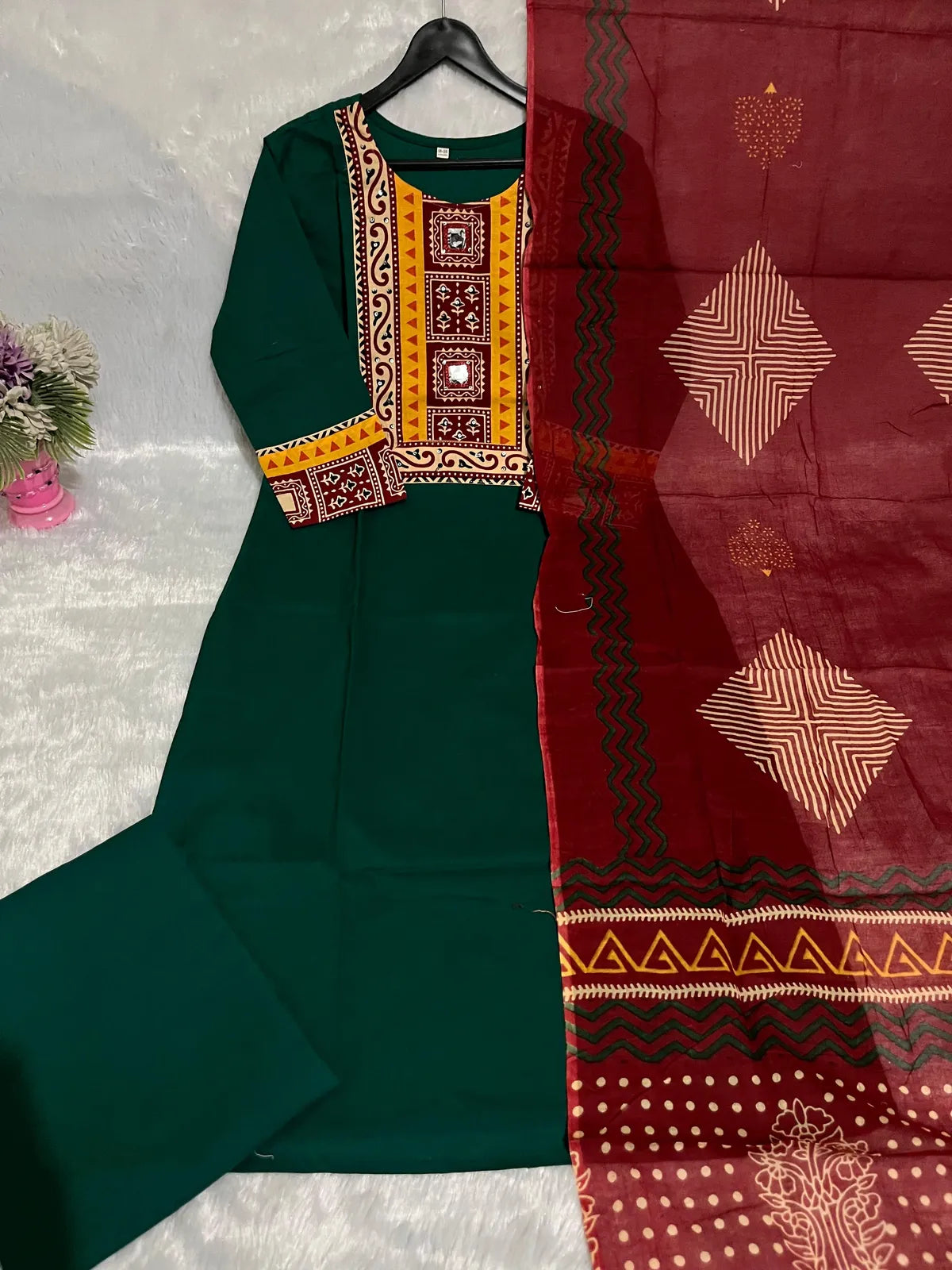 Bottle Green Embroidered Kurta Set with Maroon Printed Dupatta