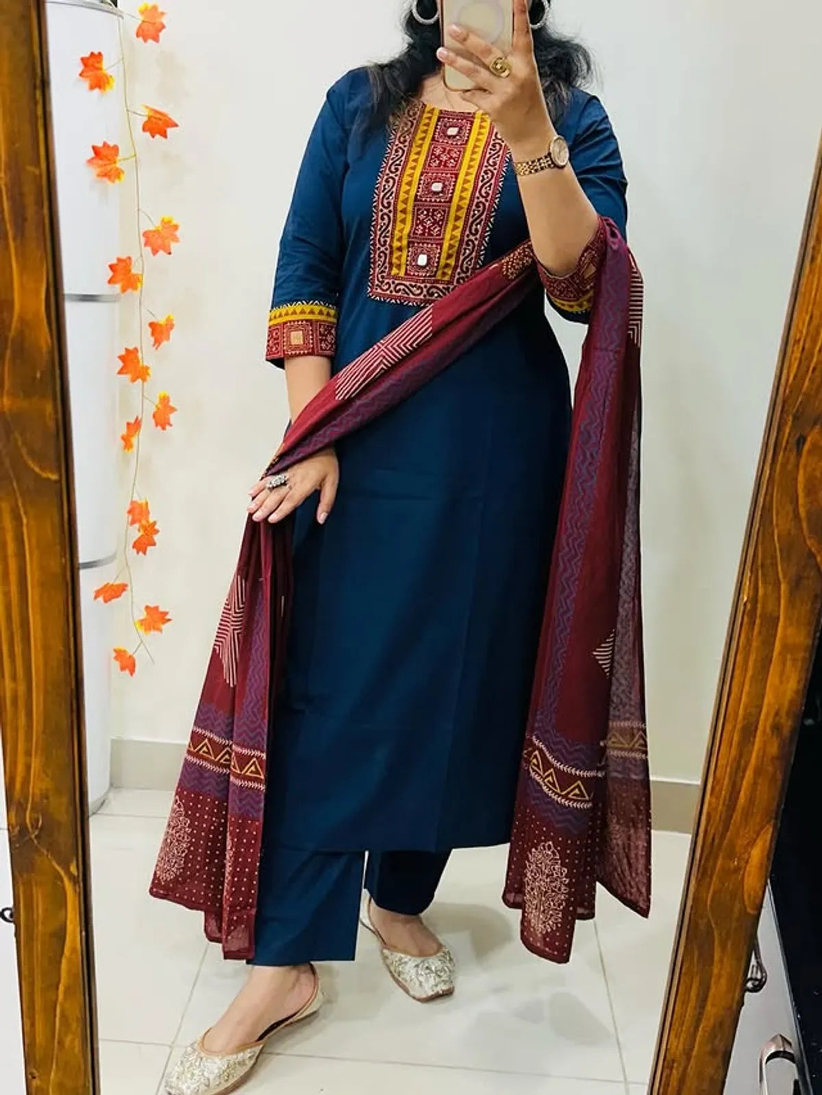 Navy Blue Embroidered Kurta Set with Maroon Printed Dupatta