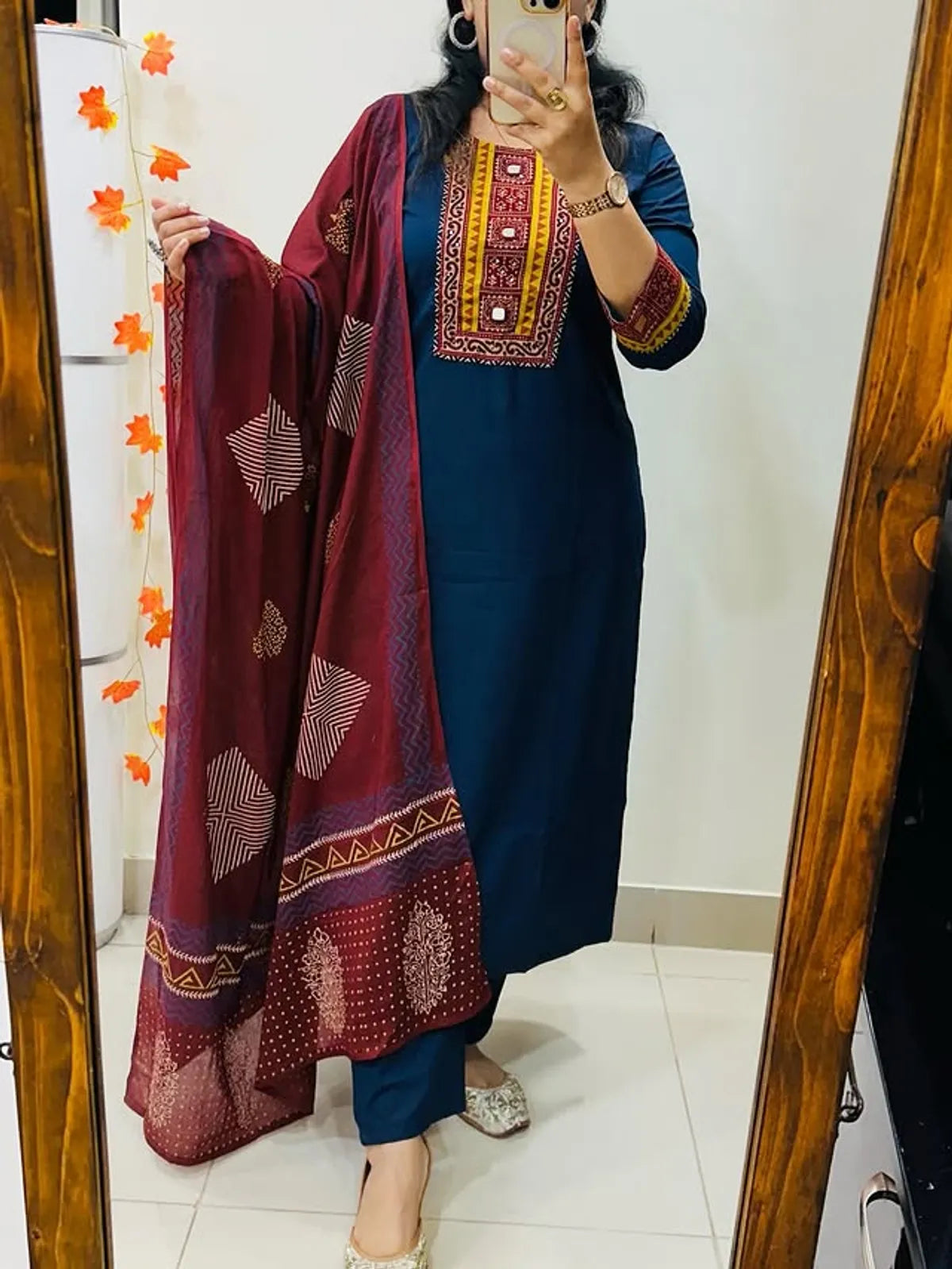 Navy Blue Embroidered Kurta Set with Maroon Printed Dupatta