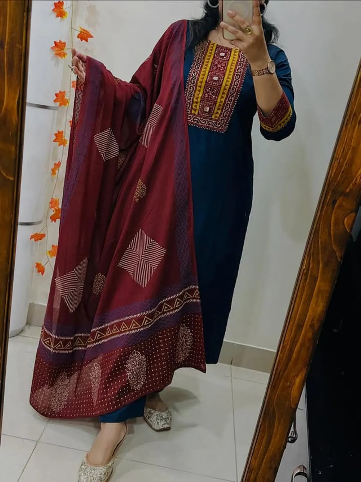 Navy Blue Embroidered Kurta Set with Maroon Printed Dupatta