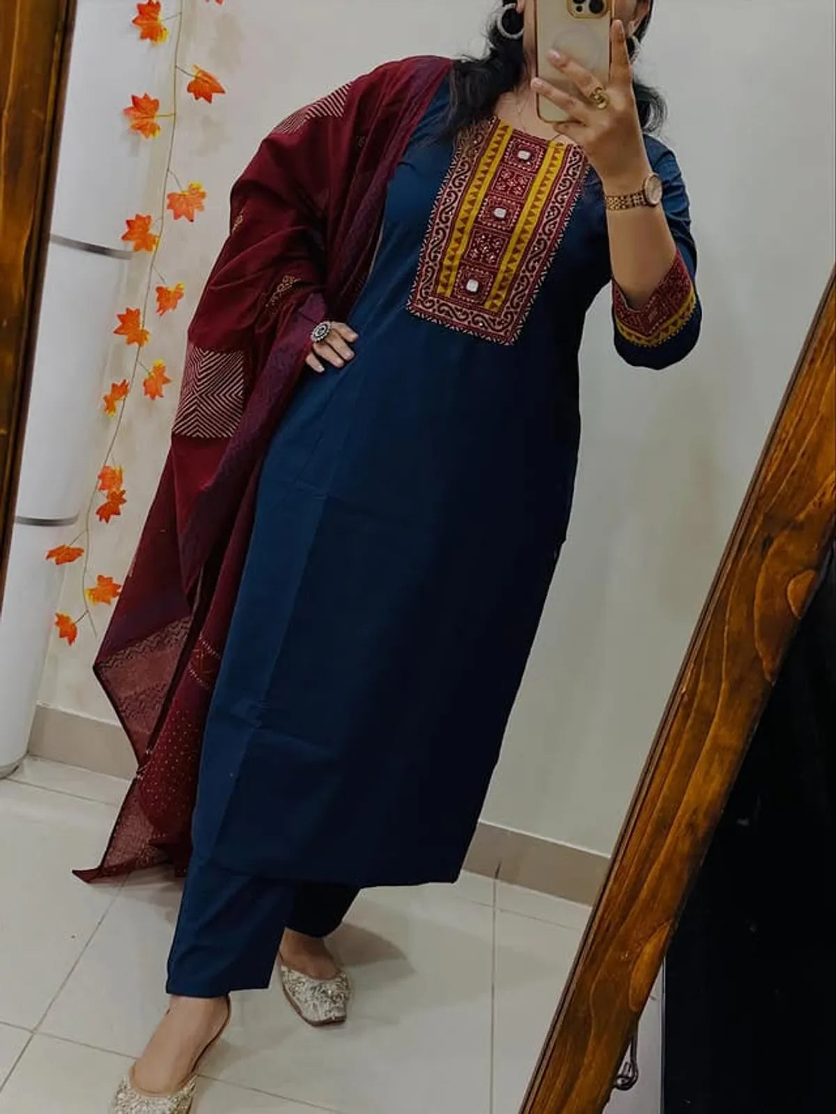 Navy Blue Embroidered Kurta Set with Maroon Printed Dupatta