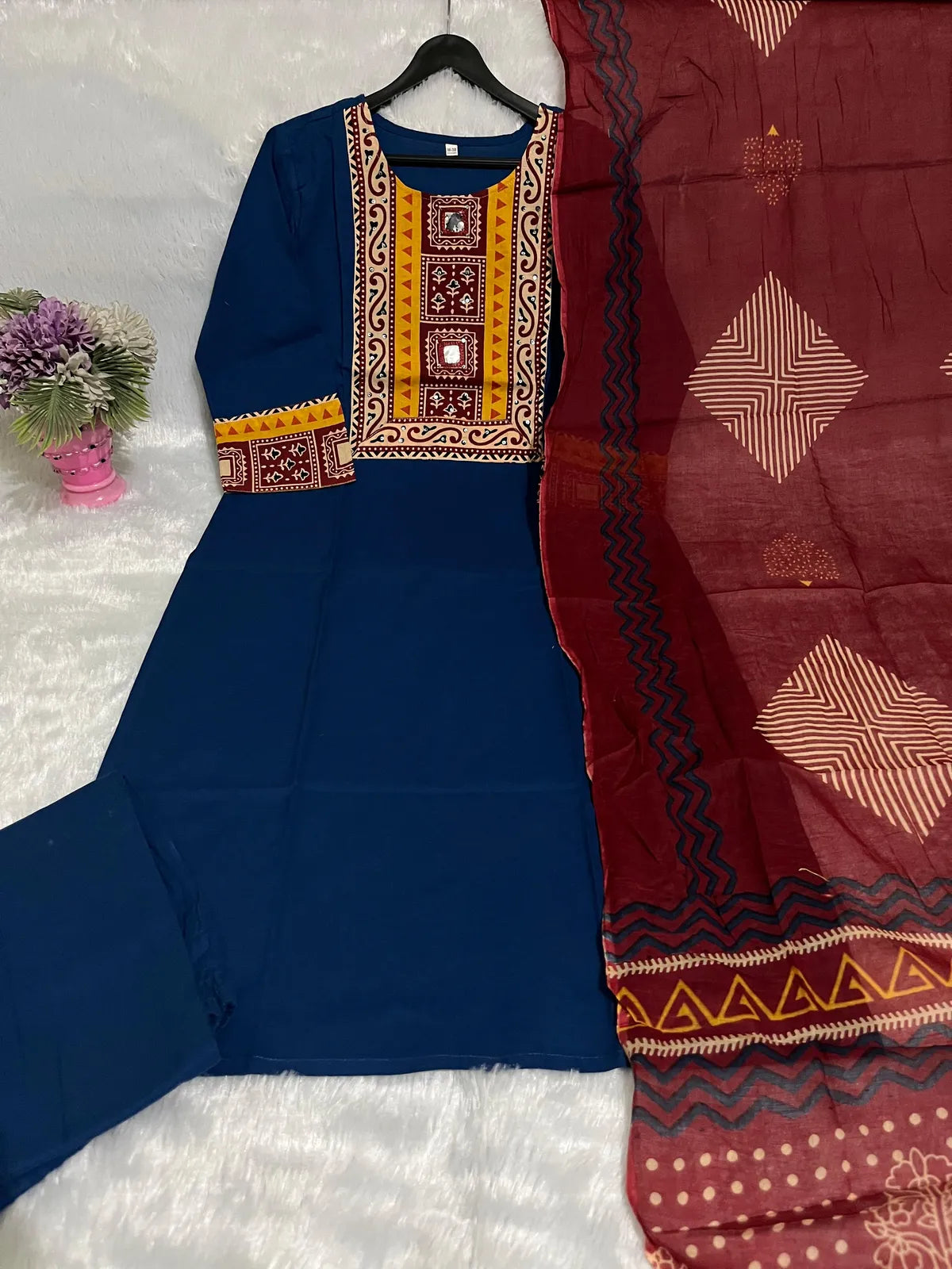 Navy Blue Embroidered Kurta Set with Maroon Printed Dupatta