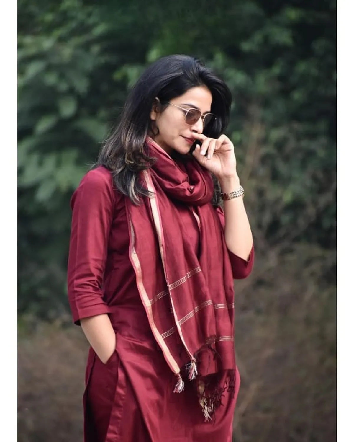Maroon Color Kurta & Pant with Kota Doriya Dupatta Set