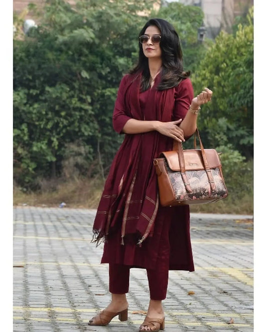 Maroon Color Kurta & Pant with Kota Doriya Dupatta Set