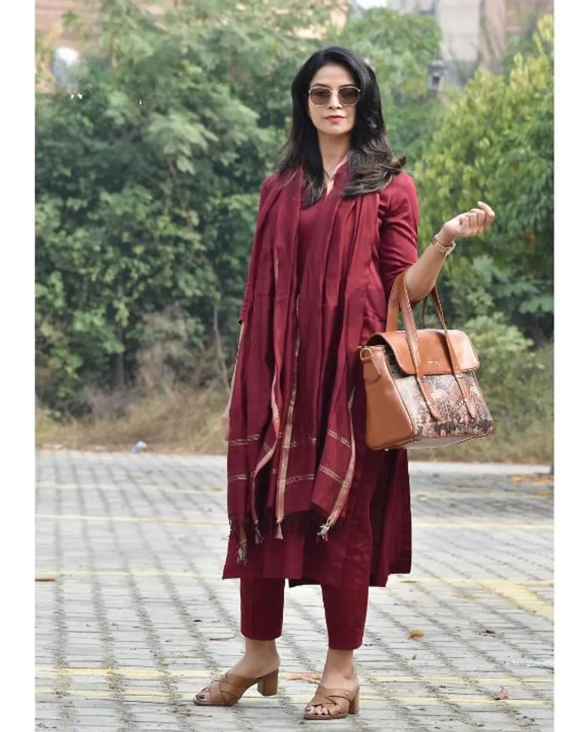 Maroon Color Kurta & Pant with Kota Doriya Dupatta Set