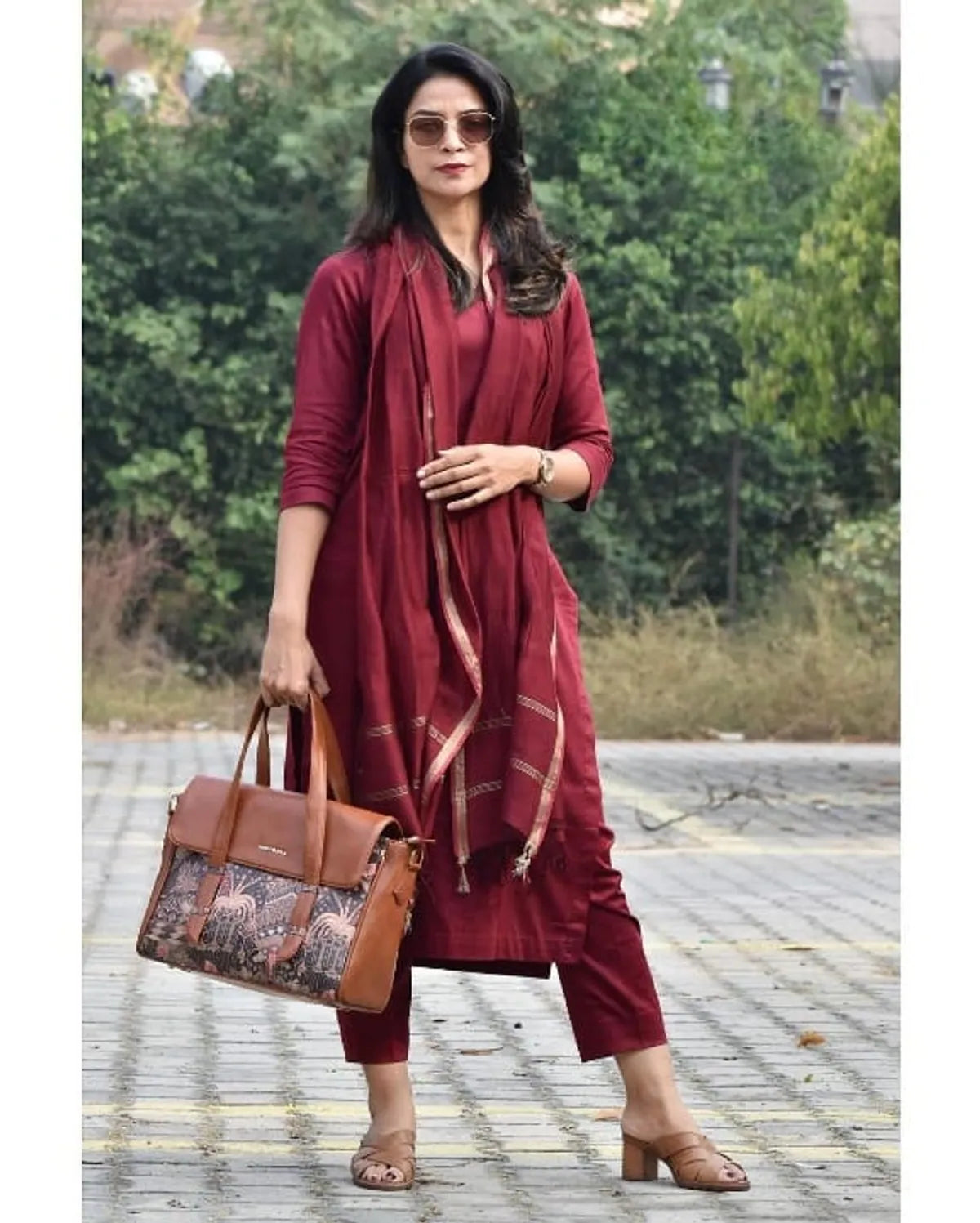 Maroon Color Kurta & Pant with Kota Doriya Dupatta Set