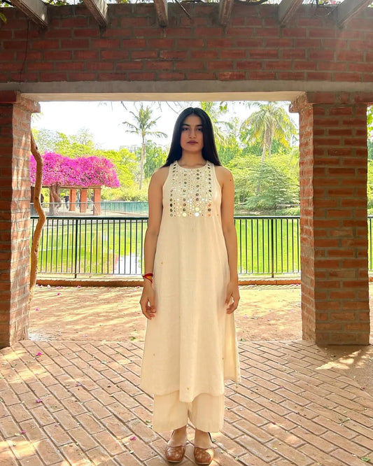 Cotton Mirror Work Cut Sleeve Kurta & Pant Set