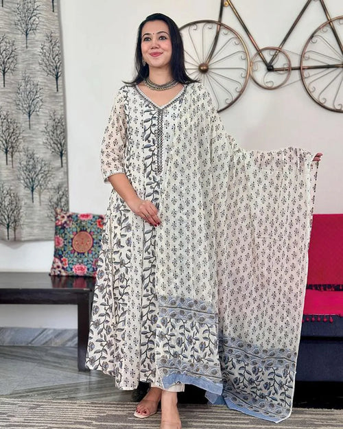 Cotton Printed Anarkali Kurta With Pant & Dupatta Set.