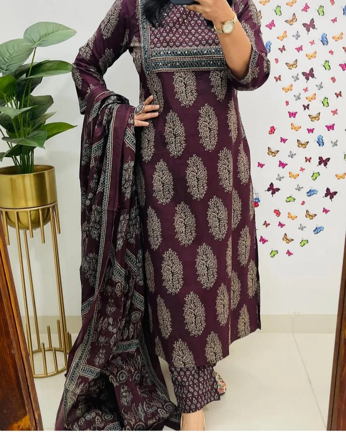 Wine Purple Printed Cotton Kurta Pant Set with Dupatta