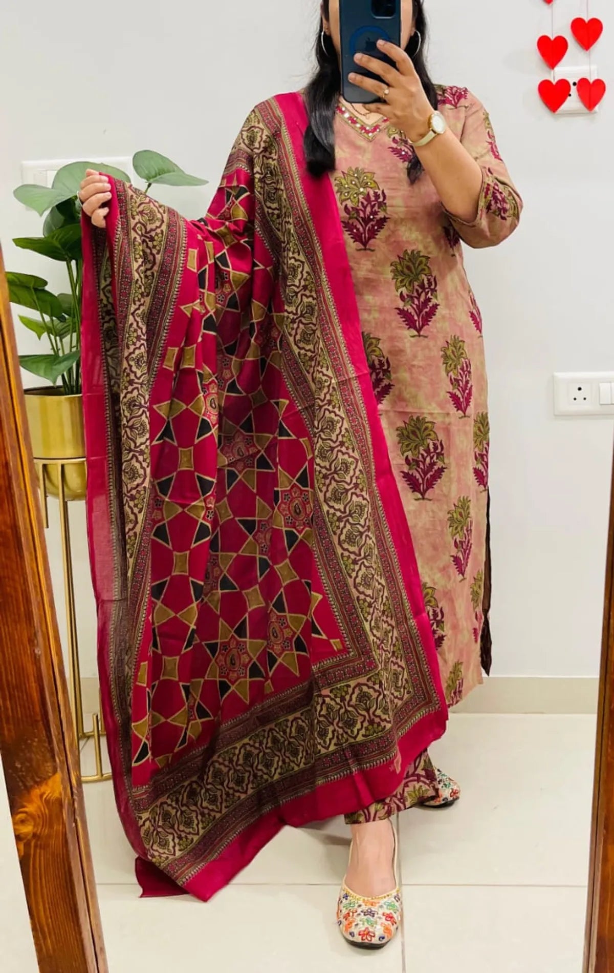 Peach Floral Printed Kurta Pant Set with Dupatta