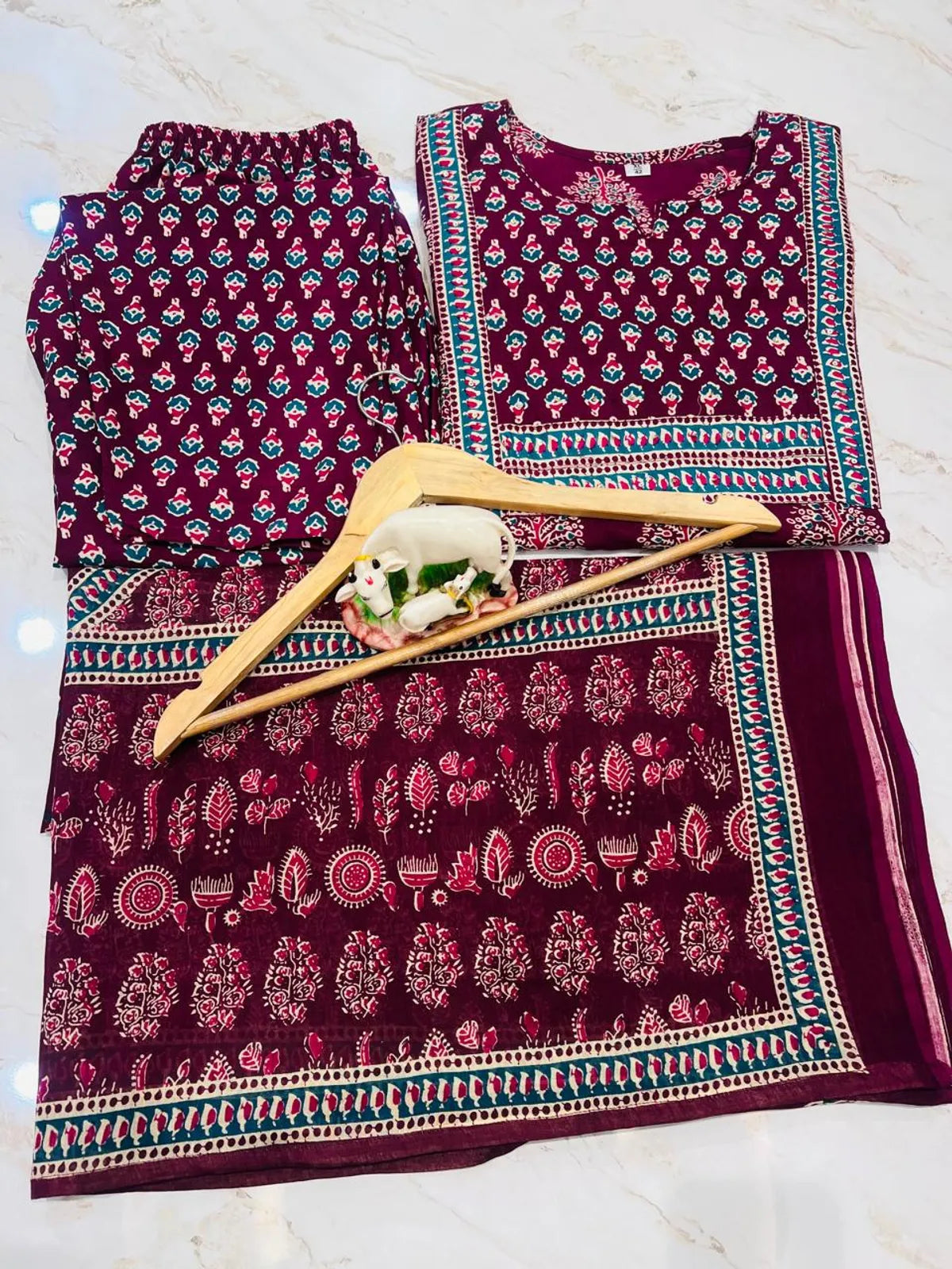 Wine Purple Printed Cotton Kurta Pant Set with Dupatta