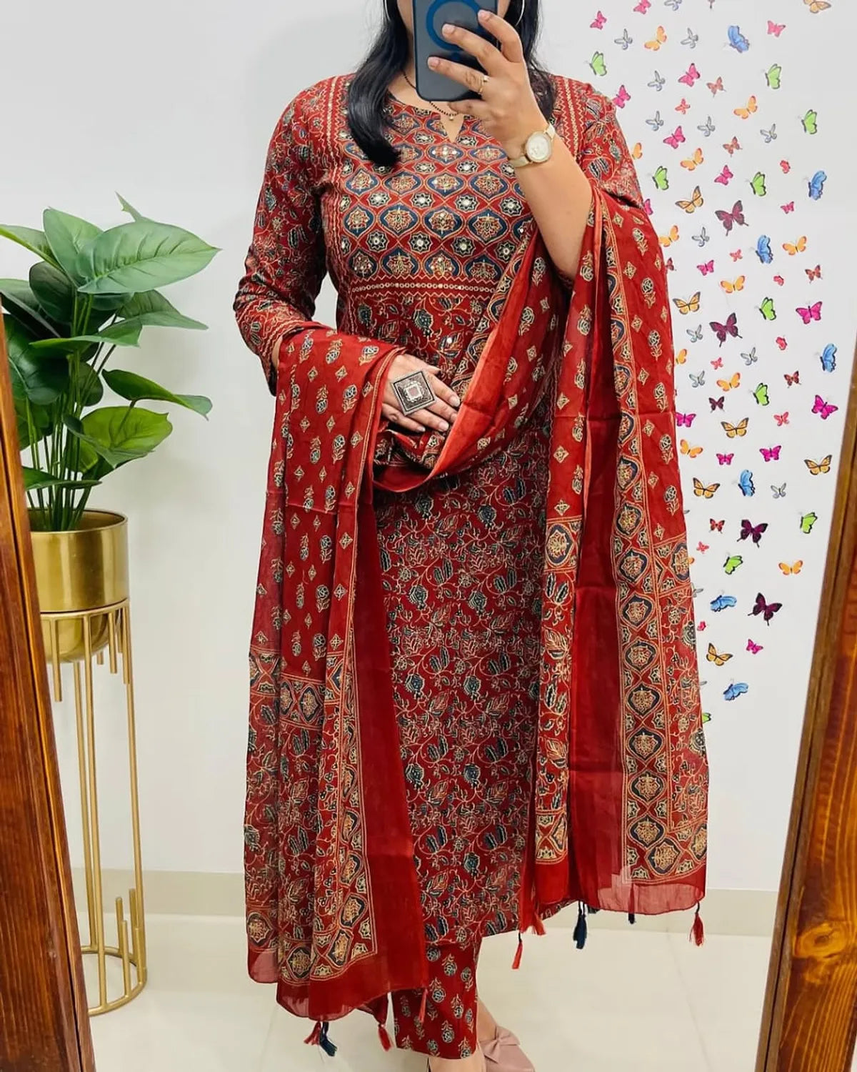 Maroon Ajrakh Printed Cotton Kurta Pant Set with Dupatta
