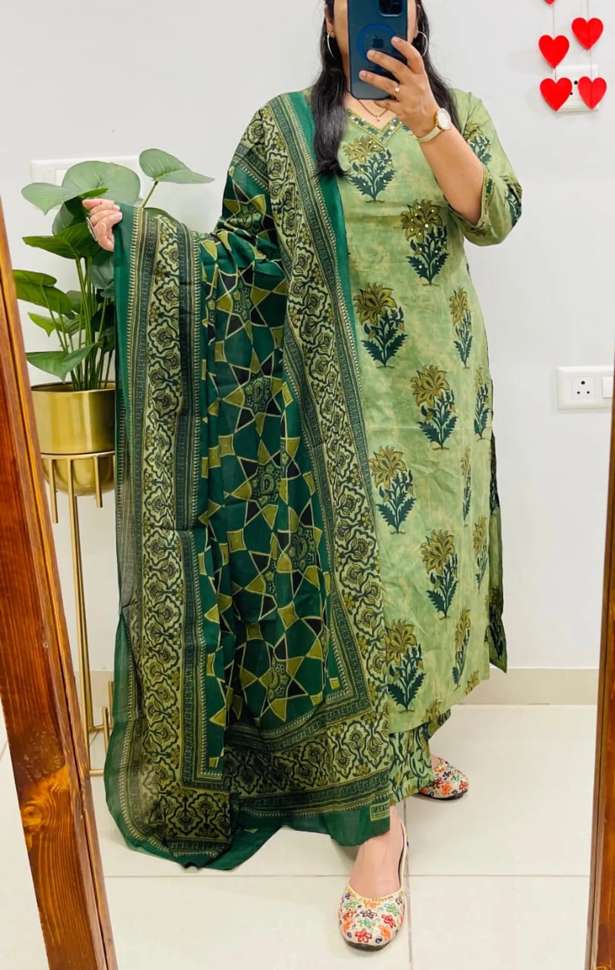 Pista Green Printed Kurta Set with Dark Green Dupatta