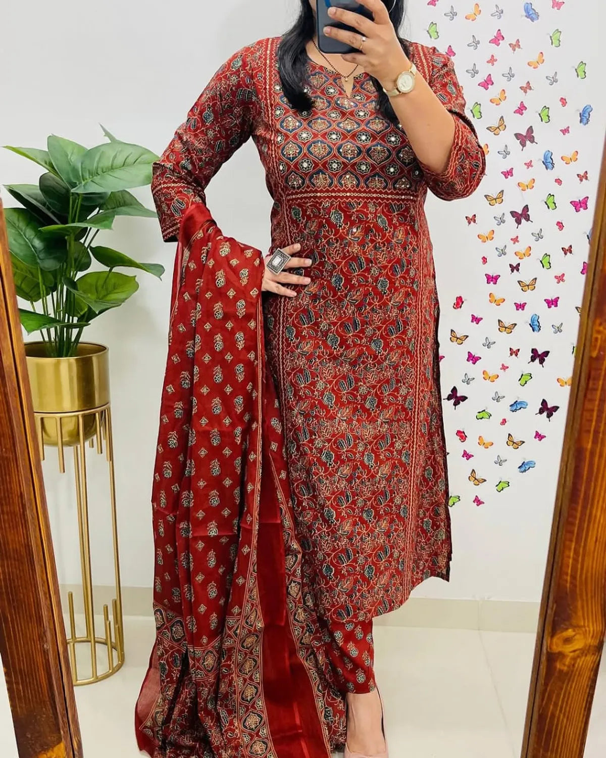 Maroon Ajrakh Printed Cotton Kurta Pant Set with Dupatta