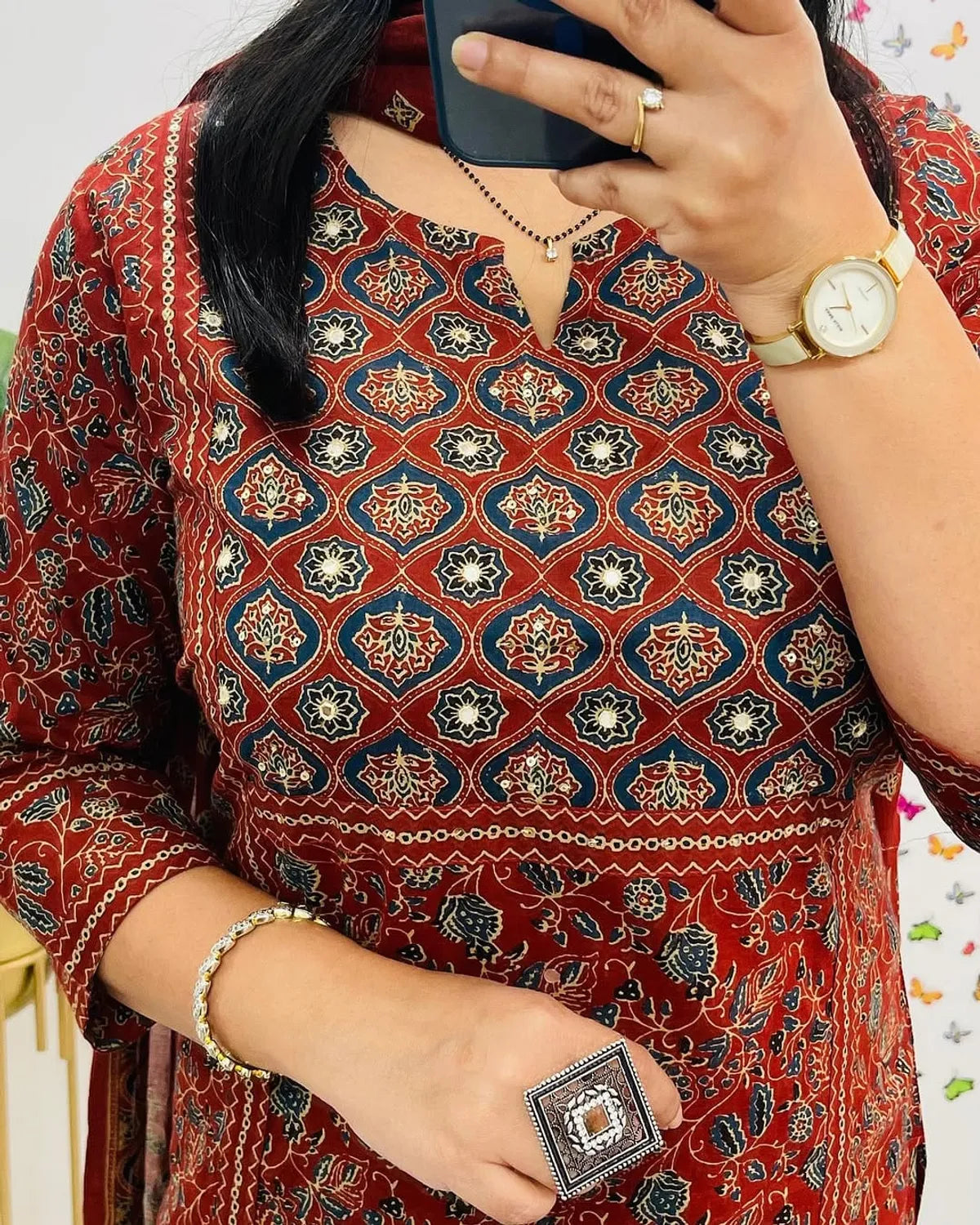 Maroon Ajrakh Printed Cotton Kurta Pant Set with Dupatta