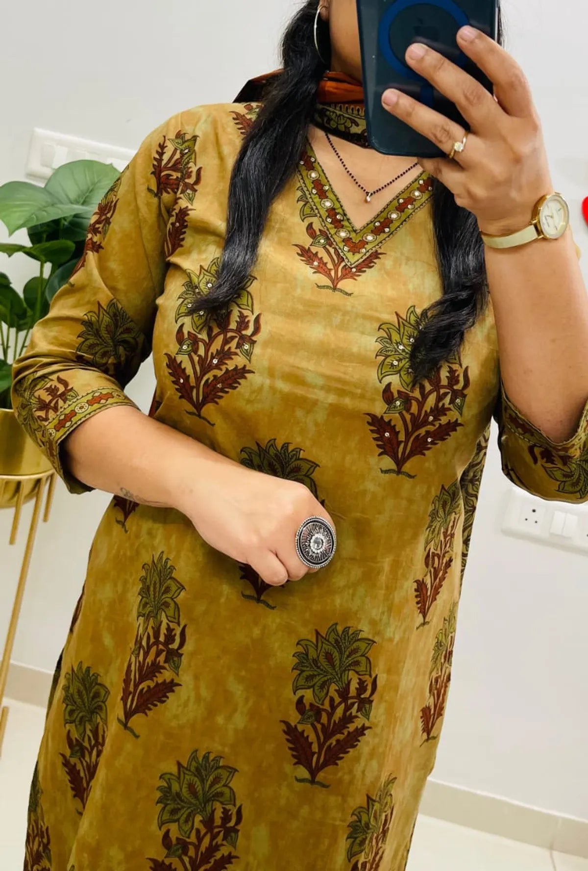 Mustard Yellow Printed Kurta Set with Rust Dupatta