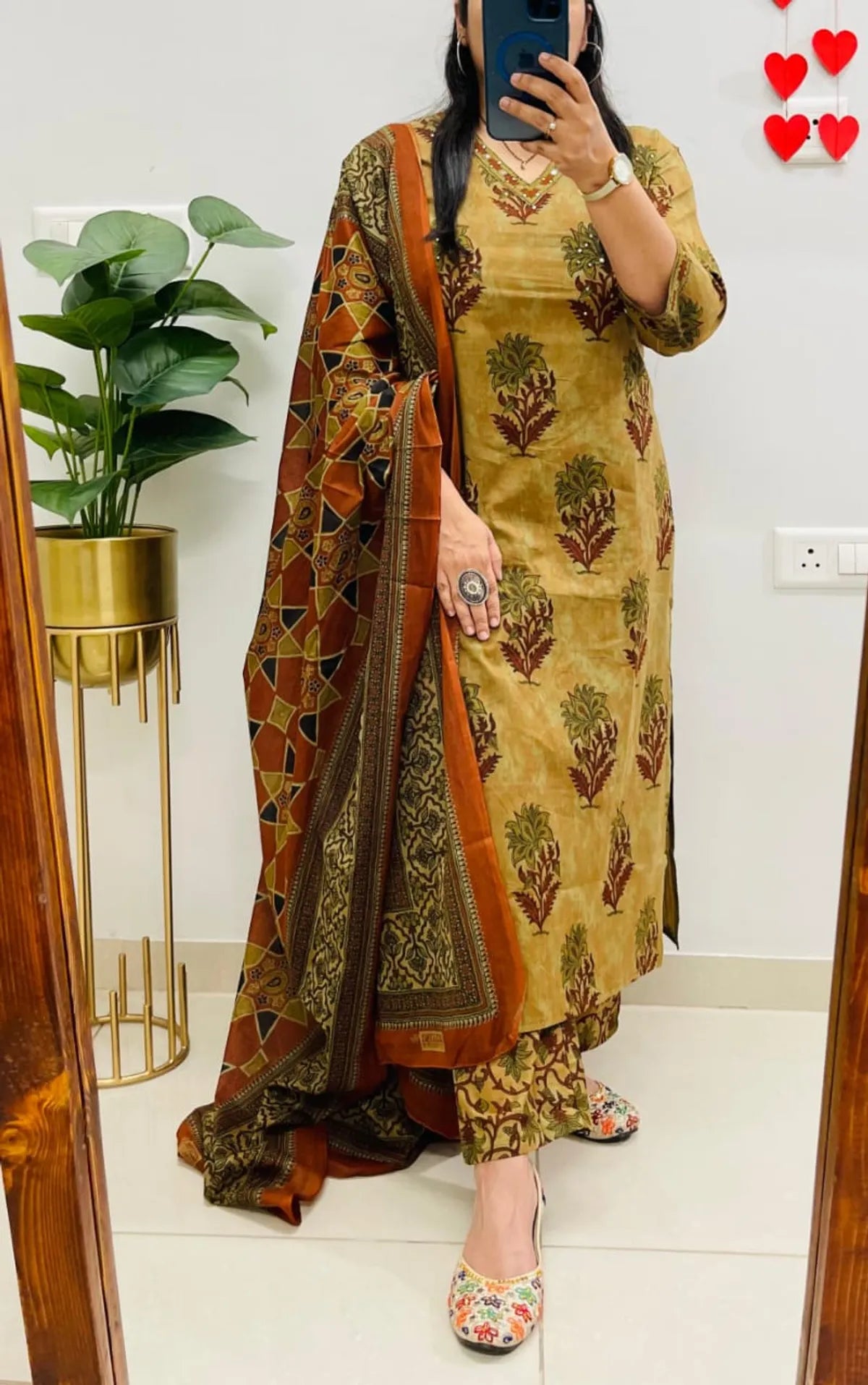Mustard Yellow Printed Kurta Set with Rust Dupatta